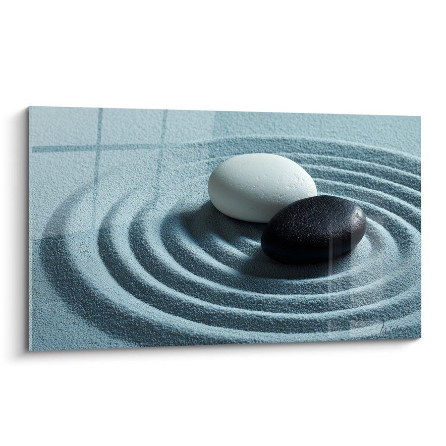 Tableau pierres noires et blanches sur sable zen avec cercles concentriques - Harmonie minérale - Edition Sable