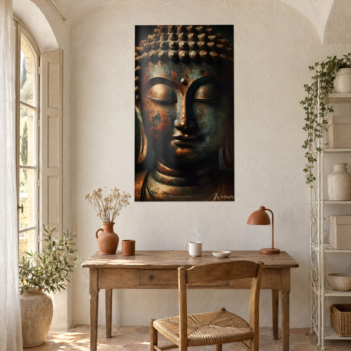 Schilderij mediterende Boeddha in geoxideerd brons, roestoranje en diep groen, boven een houten bureau, Provençaalse mas