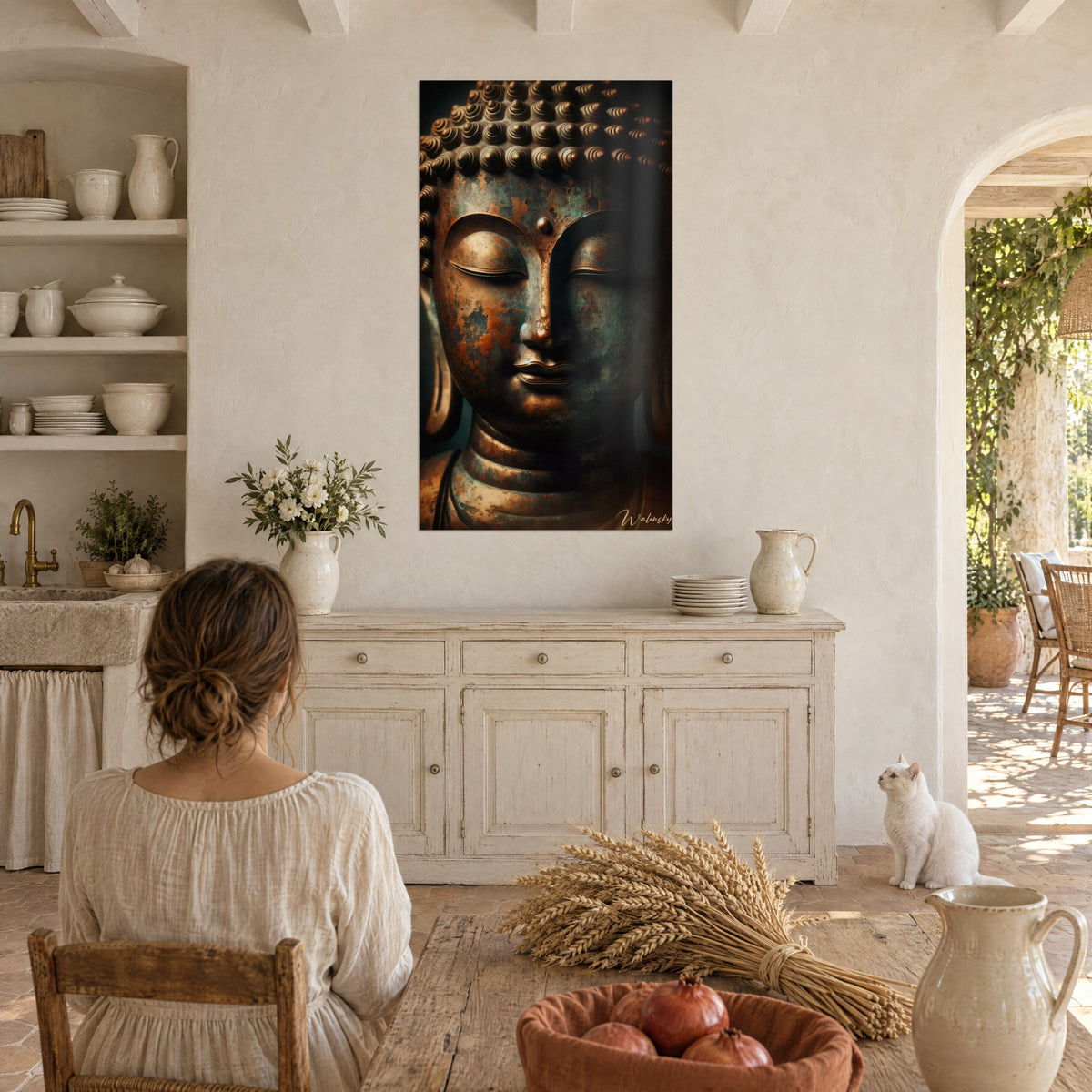 Schilderij Boeddha-hoofd in verouderd brons, koperen en groene reflecties, losse krullende knot, Provençaalse mas met witte kat