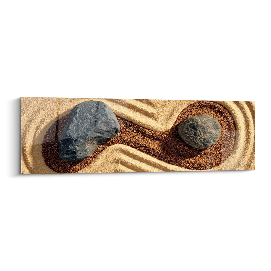 Tableau Zen Yin Yang Pierres et Grains Colorés sur Sable Doré - Équilibre Minéral - Edition Sable