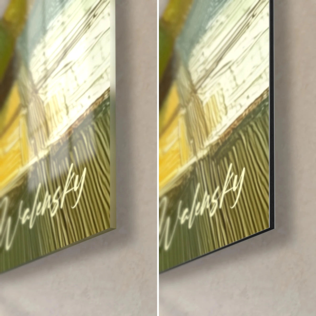 Tableau citrons en pâte épaisse jaune et vert, coin bas droit : verre acrylique brillant à gauche, Dibond noir mat et tranche à droite
