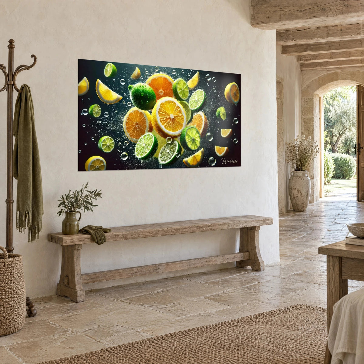 Tableau tranches d'orange et de citron vert en apesanteur sur fond sombre, éclats jaunes et verts, sur un mur en pierre