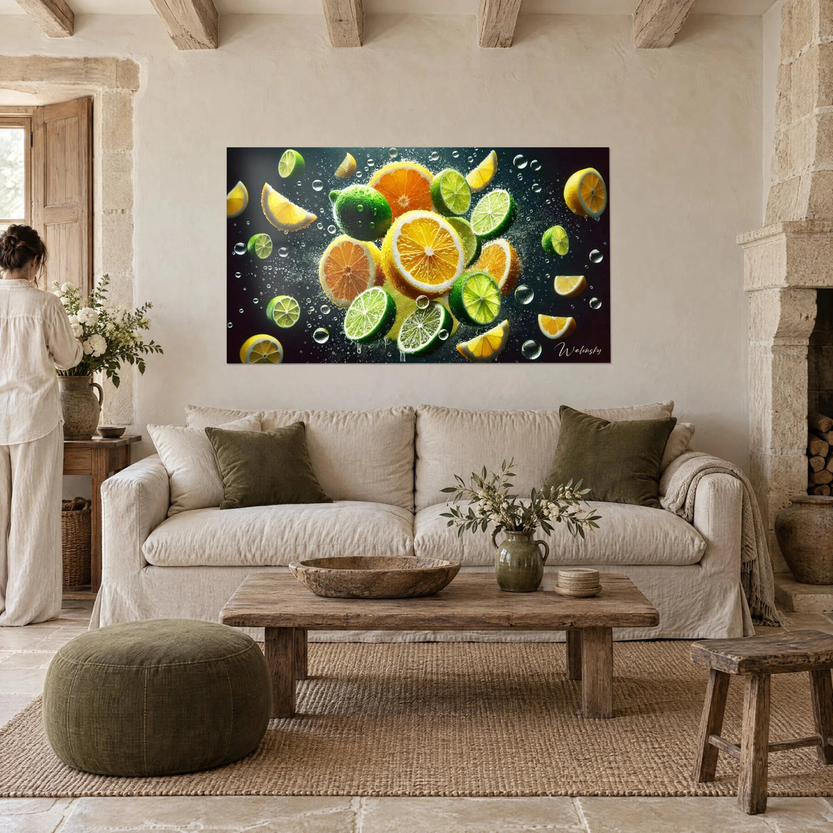 Tableau agrumes en pleine éclosion, citrons jaunes et limes vertes cernés de gouttes, au-dessus d'un canapé dans un salon lumineux