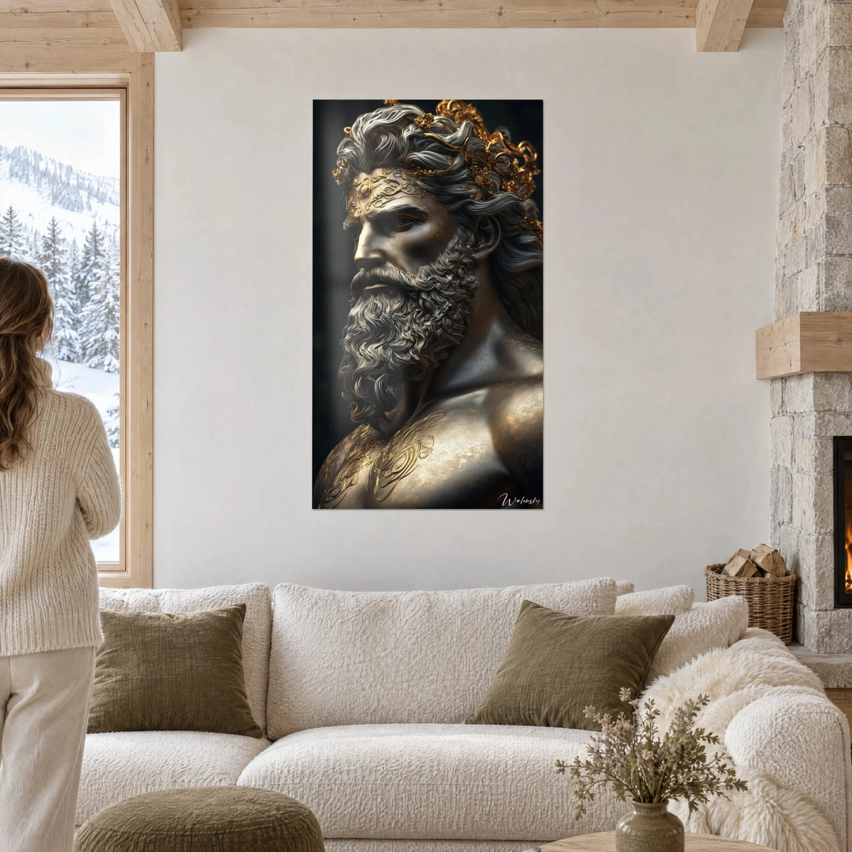Quadro Zeus barbuto con riccioli argentati e corona dorata, bronzo scuro su fondo nero, sopra un divano in un soggiorno luminoso