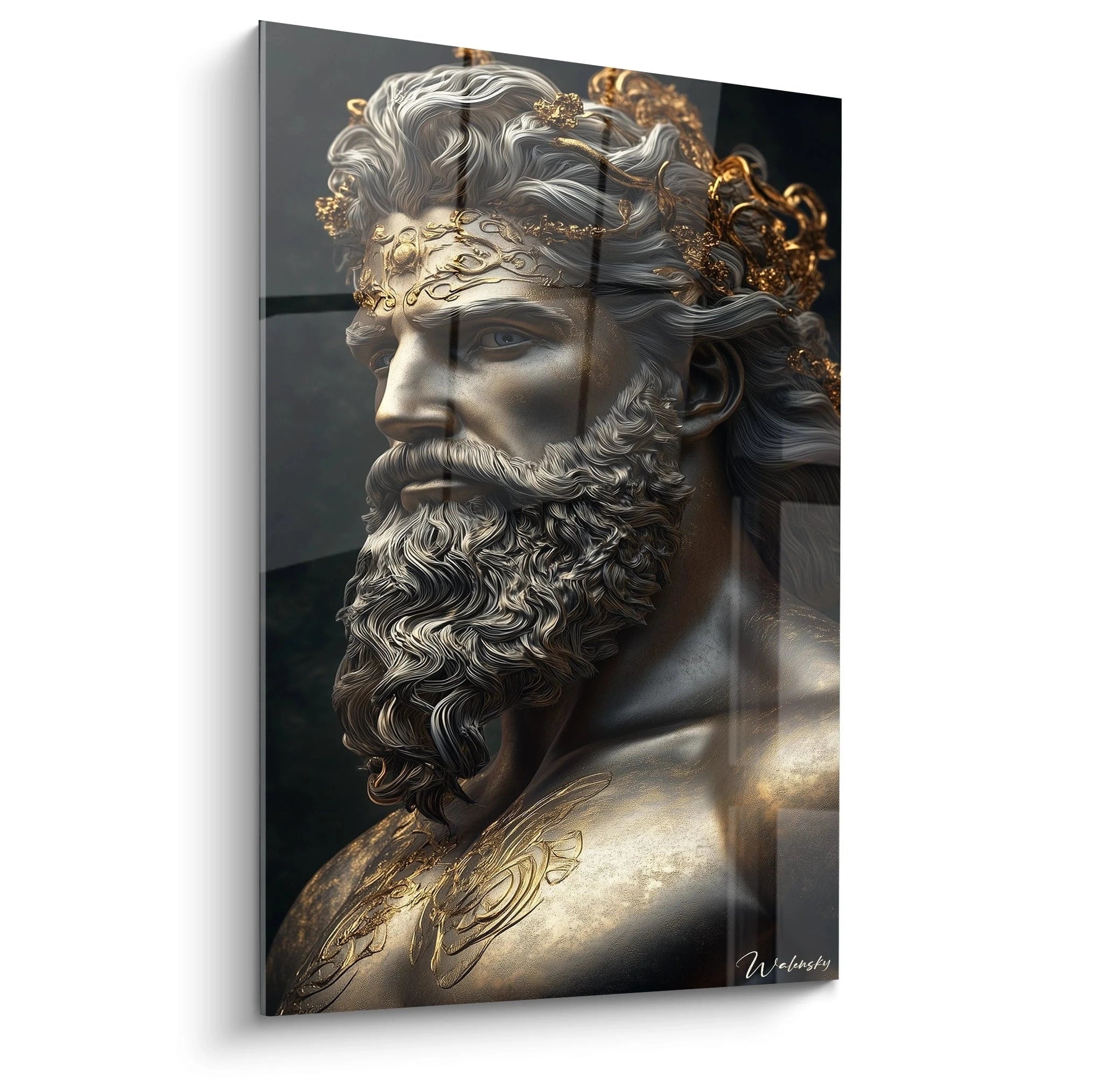 Un tableau Zeus représentant un profil sculptural du dieu grec avec barbe et cheveux argentés ondulés, orné de détails dorés sur le front et dans la chevelure, sur fond noir profond, avec une finition métallique texturée.
