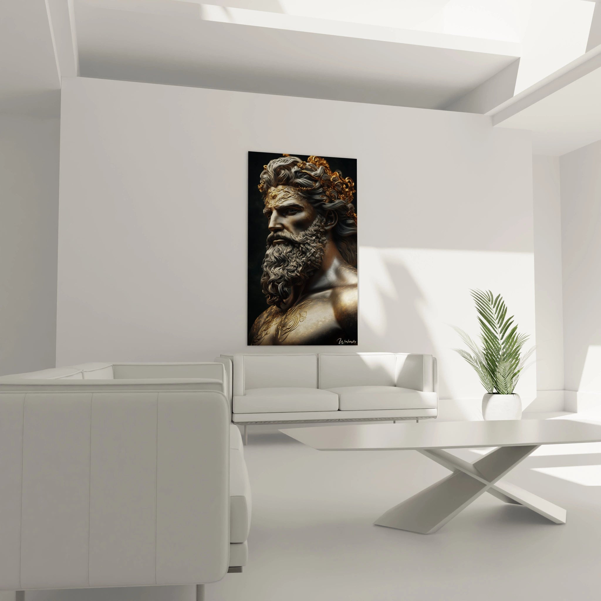 Un tableau Zeus mythologique au traitement métallique doré et argenté, représentant le dieu olympien avec une expression intense. Les textures sculptées de la barbe et des cheveux contrastent avec la peau lisse et les ornements dorés entrelacés.

