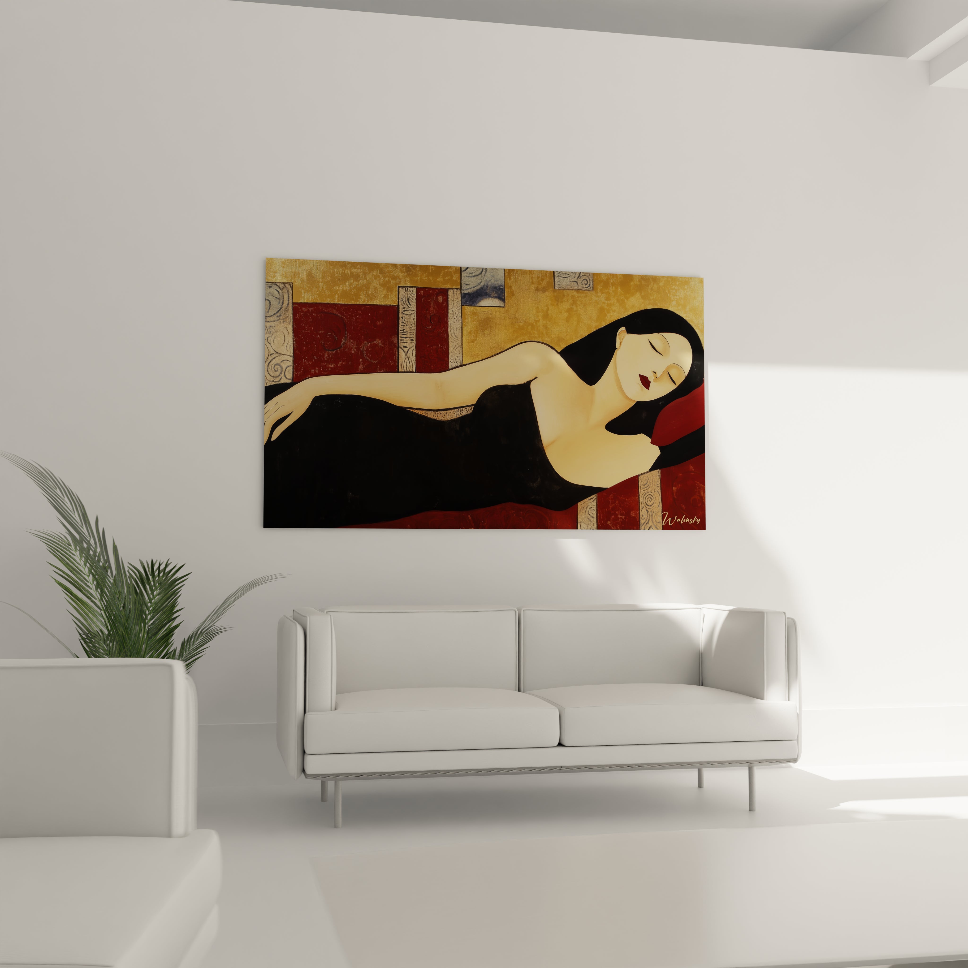 Un tableau Amedeo Modigliani illustrant une femme aux yeux fermés, habillée de noir, contrastant avec un fond doré et rouge orné de motifs décoratifs, avec des surfaces lisses et des contours nets.

