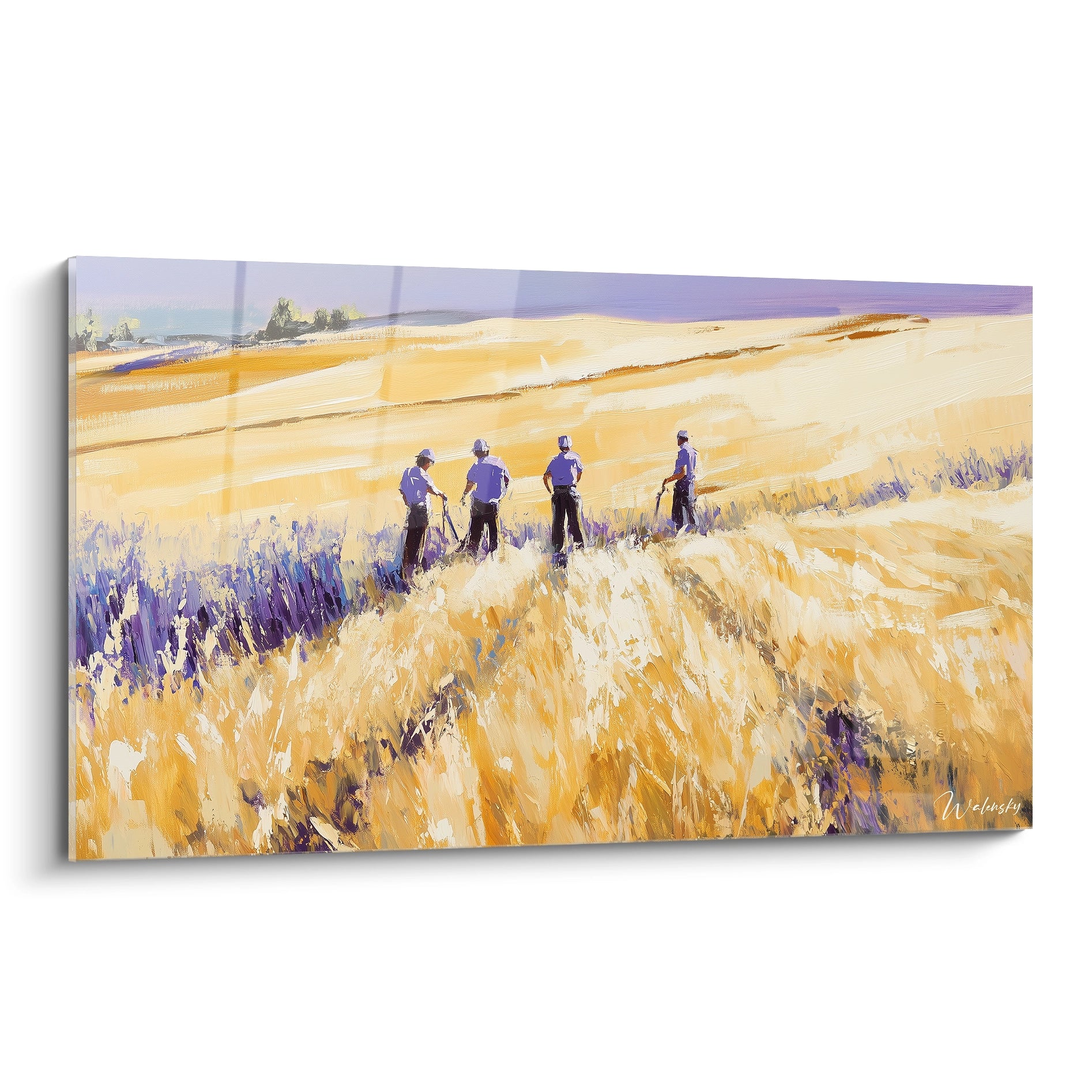 Un tableau Camille Pissarro représentant quatre figures humaines dans un champ doré, avec un ciel lavande. Les coups de pinceau visibles créent une texture dynamique sur des teintes or, violet et beige.

