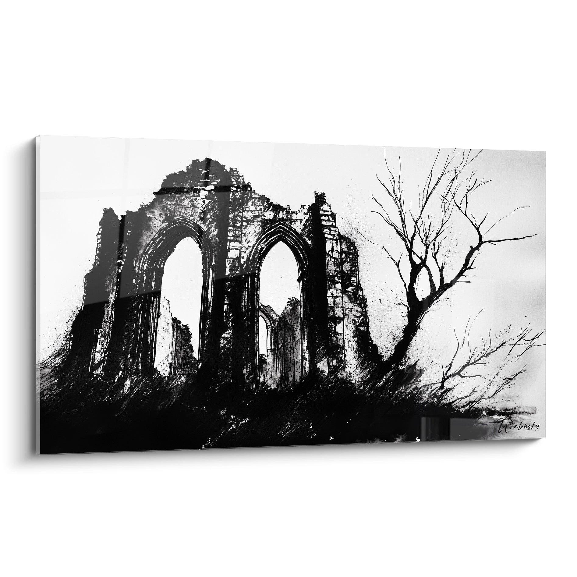 Un tableau Caspar David Friedrich représentant des ruines gothiques en noir et blanc, avec des arches brisées et un arbre aux branches nues, tracé à l’encre avec des textures contrastées et des éclaboussures.

