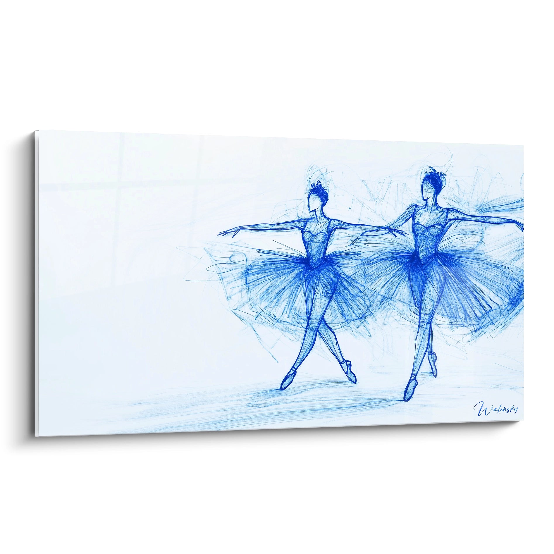 Un tableau Edgar Degas représentant deux ballerines stylisées en tutu, dessinées avec des lignes bleues dynamiques sur un fond blanc épuré, créant un effet de mouvement fluide et léger.

