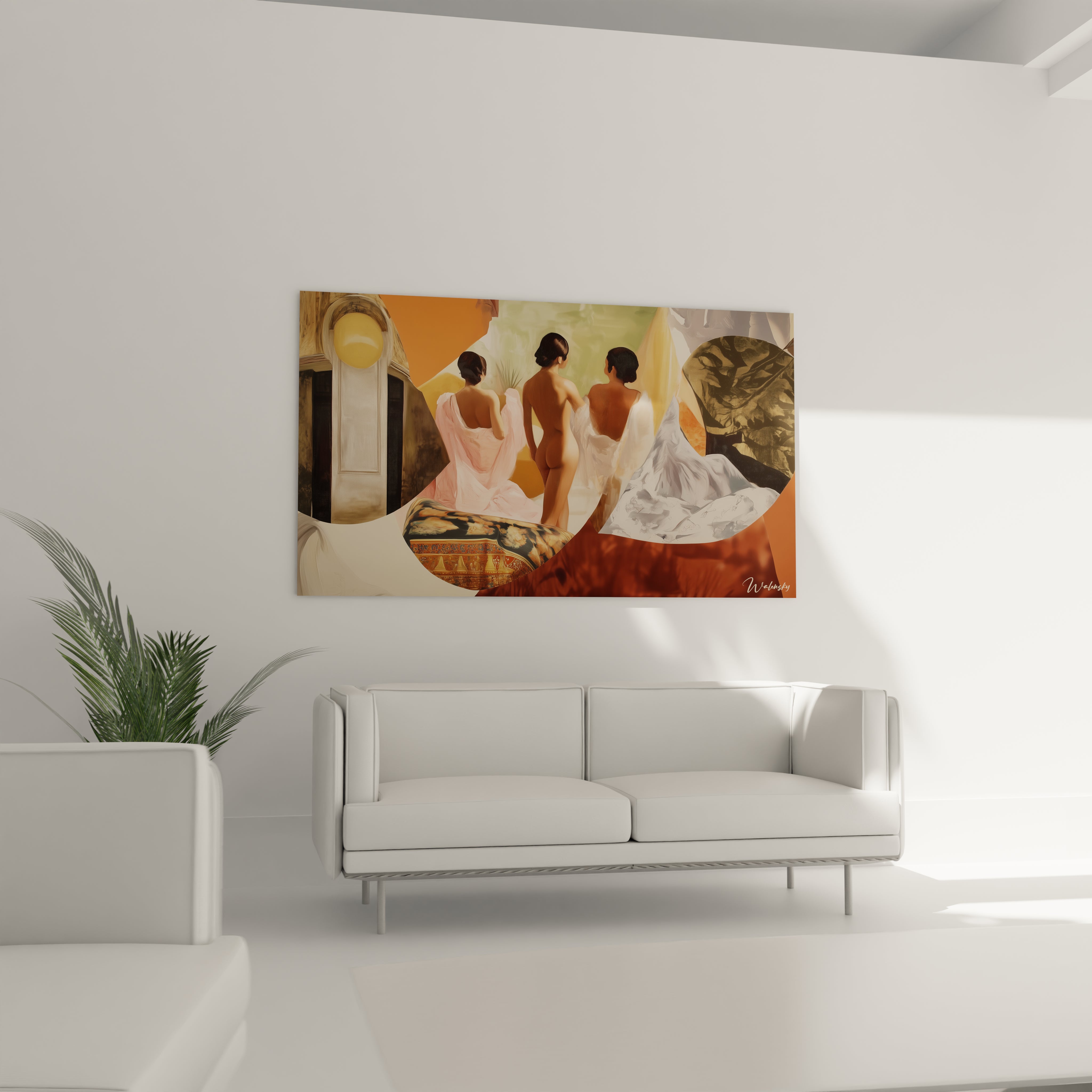 Un tableau Jean-Auguste-Dominique Ingres illustrant des silhouettes féminines associées à des détails architecturaux et des paysages abstraits, avec des couleurs dominantes beige, blanc et orange.

