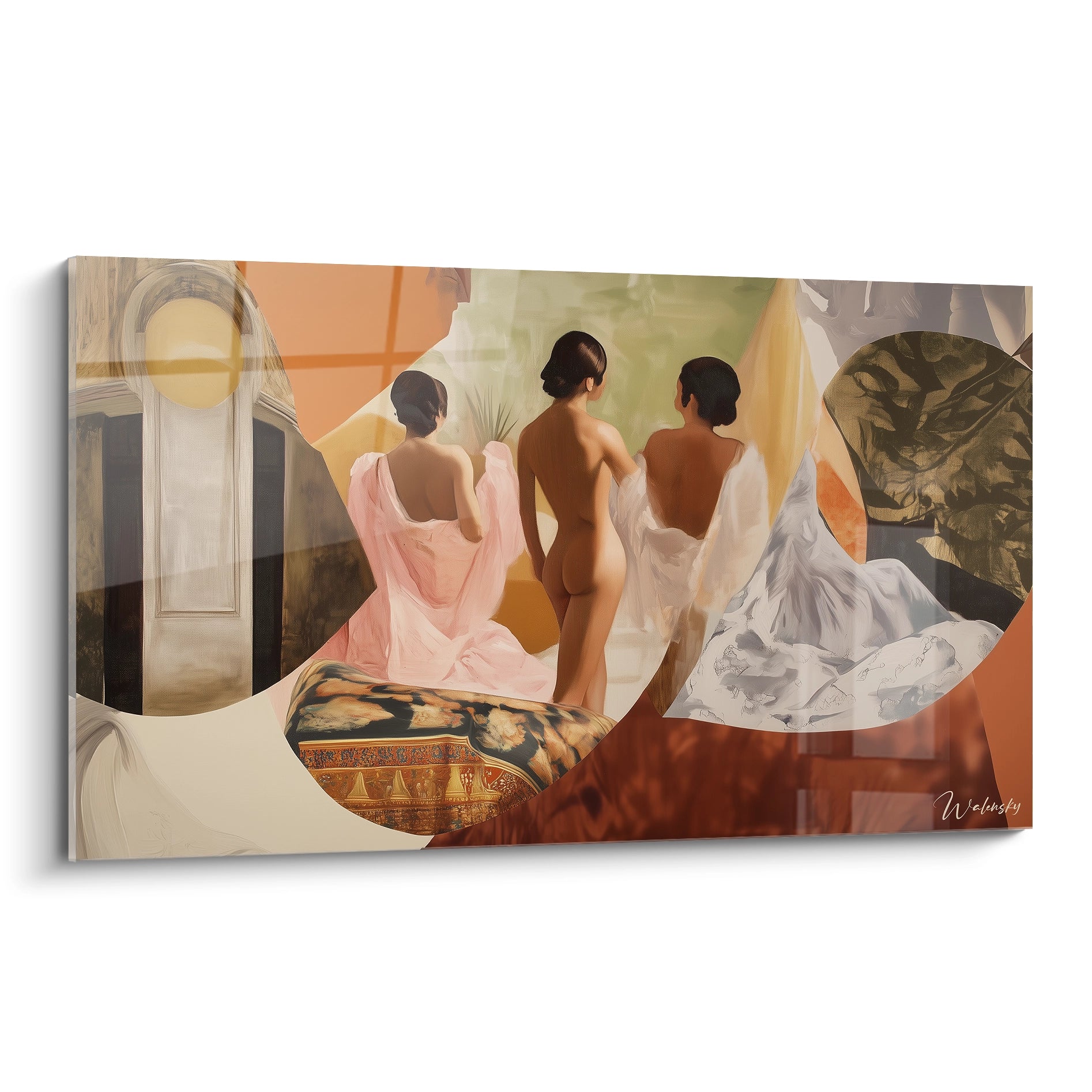 Un tableau Jean-Auguste-Dominique Ingres représentant trois femmes de dos, drapées partiellement, entourées de formes géométriques et d'éléments architecturaux aux tons orange, beige et blanc.

