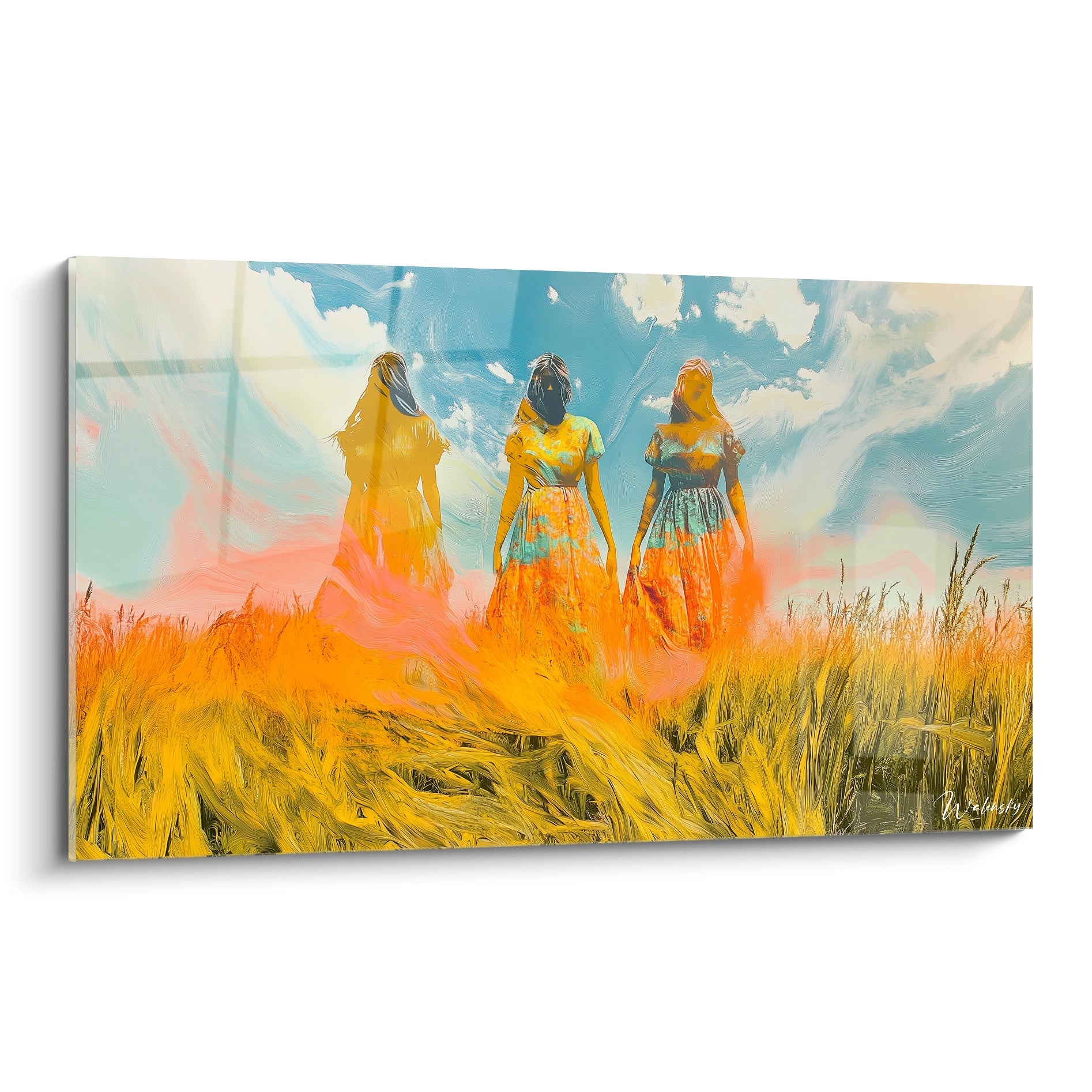 Un tableau Jean-François Millet montrant trois figures féminines debout dans un champ de blé, avec des tons orange, jaune et bleu. Effets visuels fluides, textures lissées et ciel texturé en arrière-plan.

