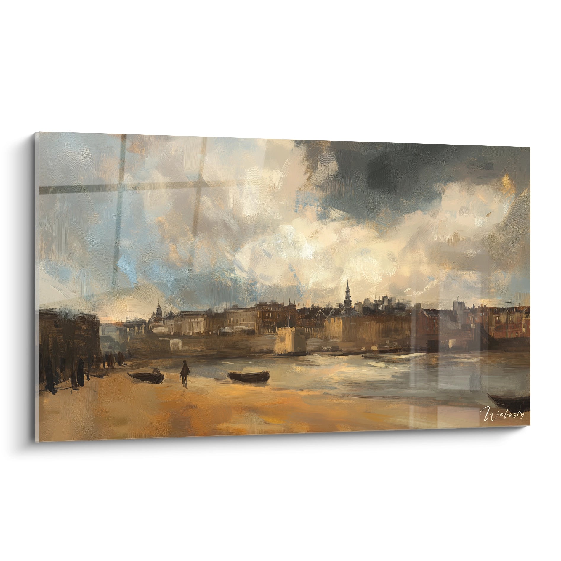 Un tableau Johannes Vermeer représentant une vue urbaine avec un fleuve, des bâtiments en arrière-plan et un ciel nuageux. Les teintes dominantes sont beige, bleu et marron, avec une texture fluide.