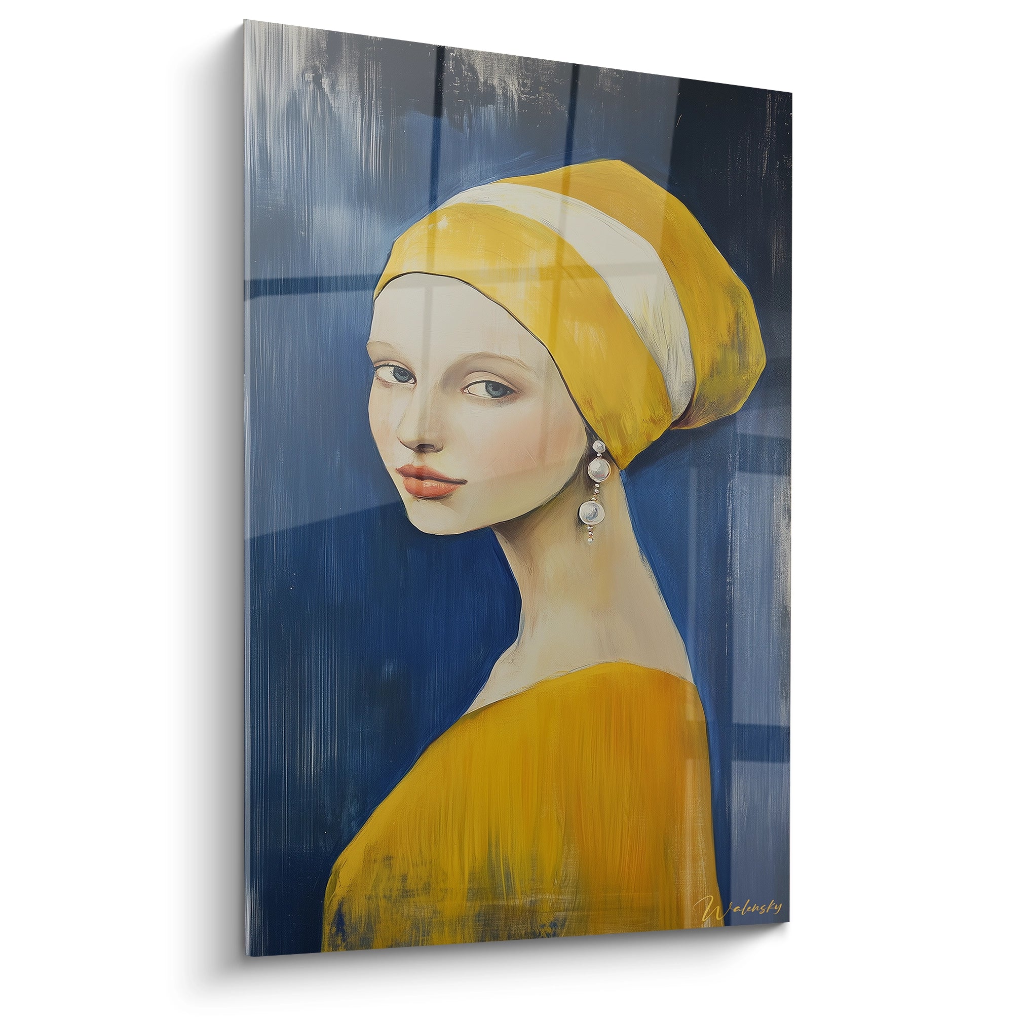  Un tableau Johannes Vermeer représentant un portrait féminin de profil, avec un turban jaune et blanc, une robe jaune et un fond bleu texturé aux nuances sombres et claires.