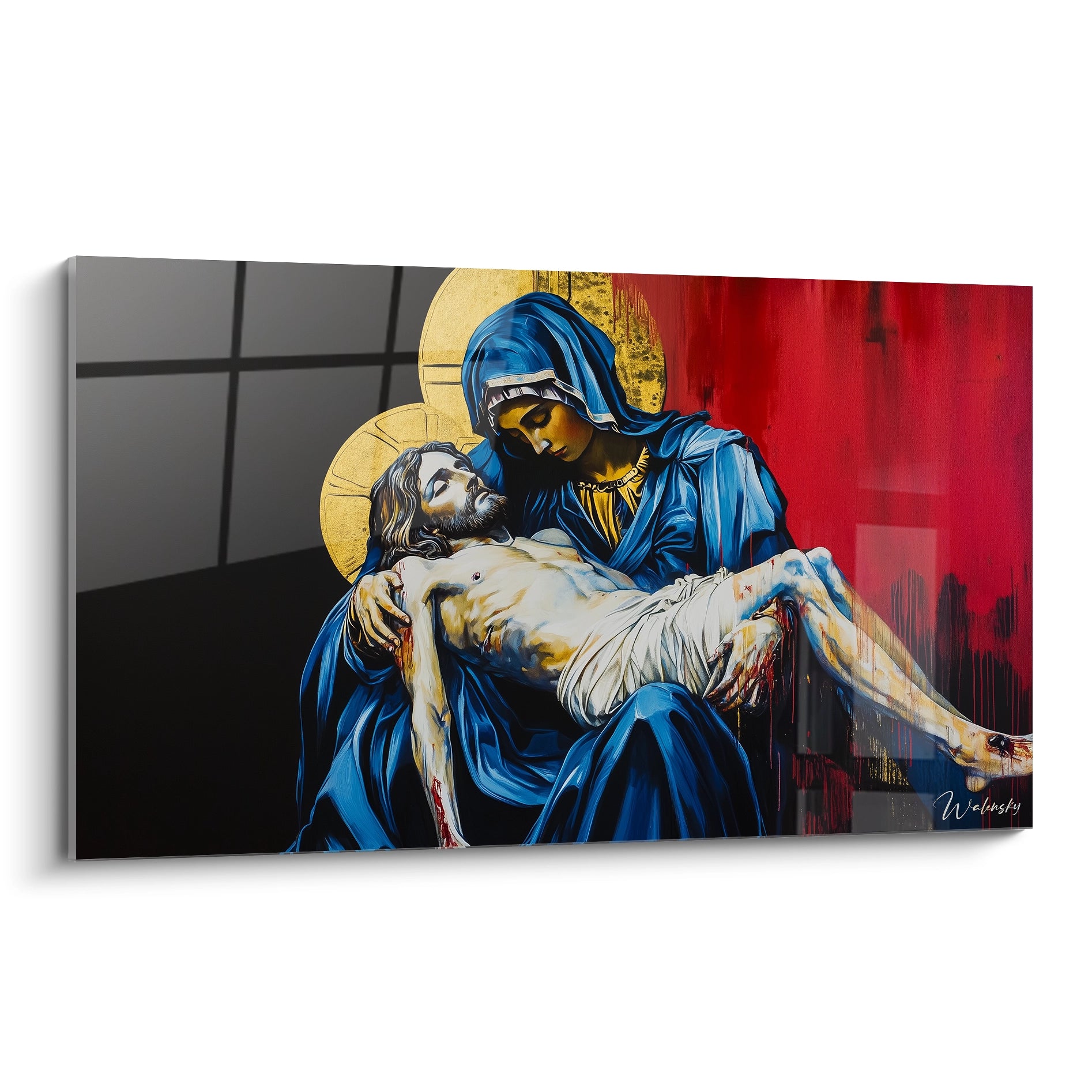 Un tableau artistique abstrait représentant une scène religieuse, avec des teintes de bleu, rouge et or, et des textures fluides contrastant avec des détails précis sur fond noir.