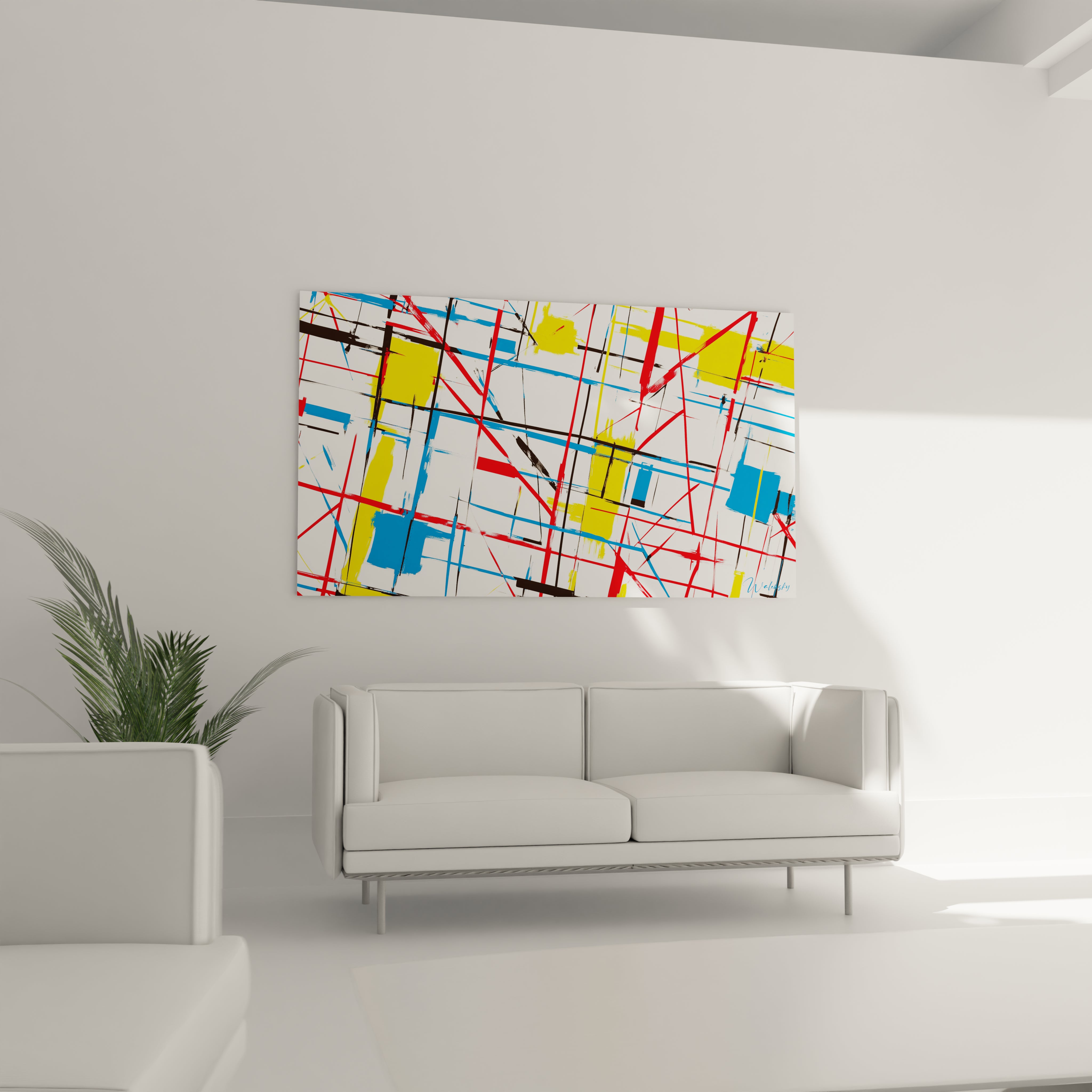 Un tableau Piet Mondrian avec des lignes dynamiques en rouge et noir entrecroisées, contrastant avec des blocs de couleur jaune et bleue appliqués en touches texturées.