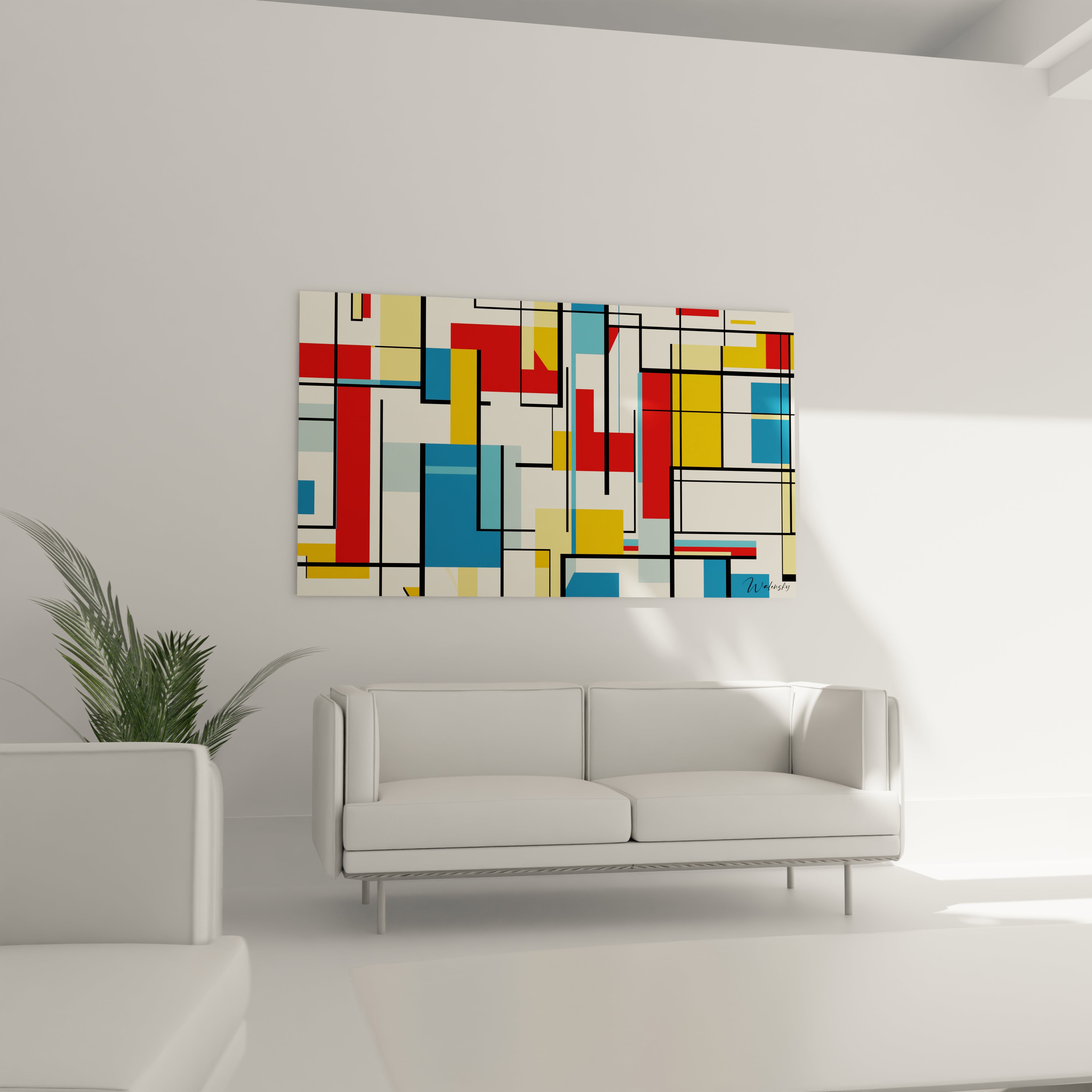 Un tableau Piet Mondrian présentant une composition géométrique avec des blocs colorés primaires et des traits noirs épais, créant un effet structuré et linéaire sur fond beige.