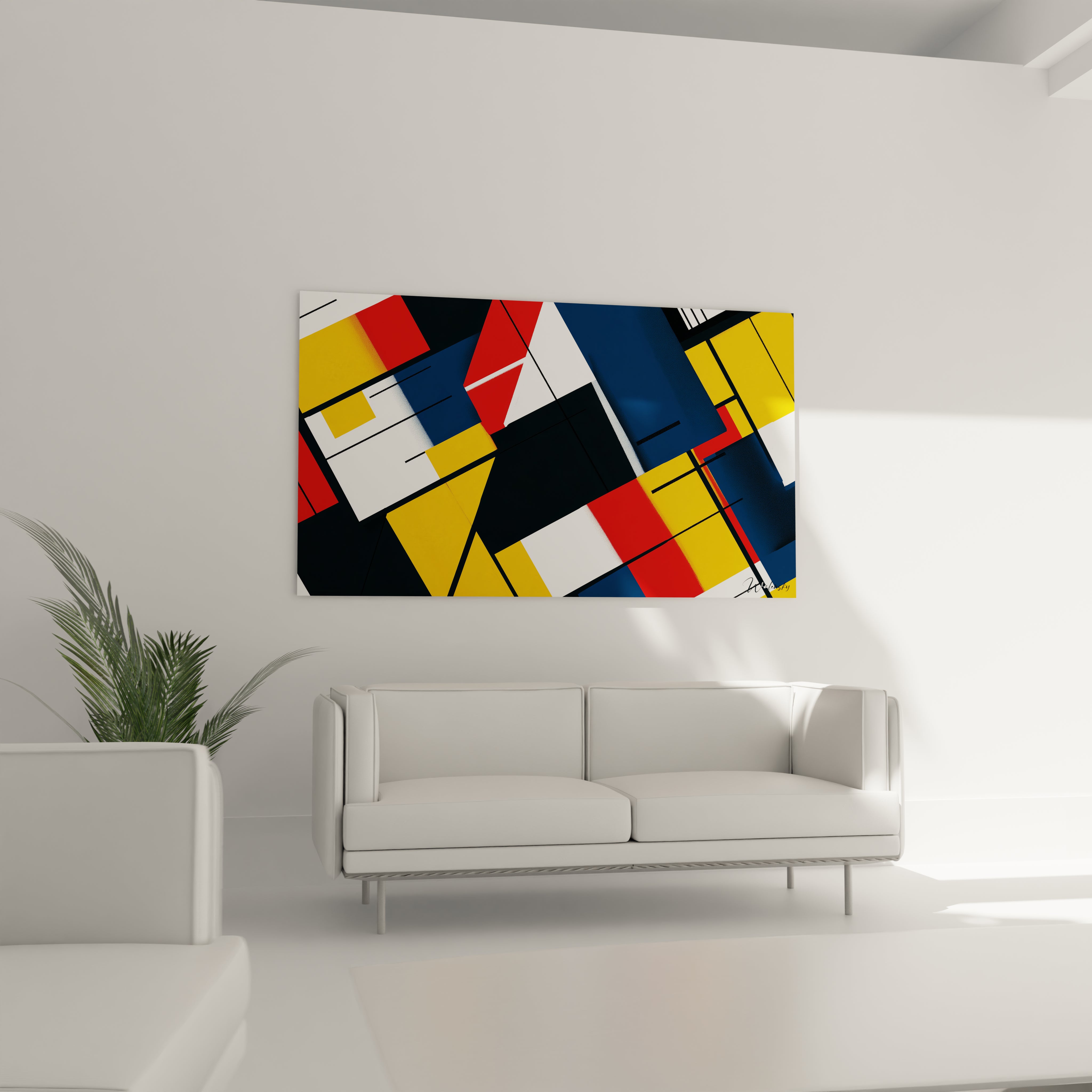 Un tableau artistique abstrait aux blocs colorés rouges, jaunes et bleus, alignés en couches, générant un contraste net entre les couleurs vives et le fond sombre texturé.