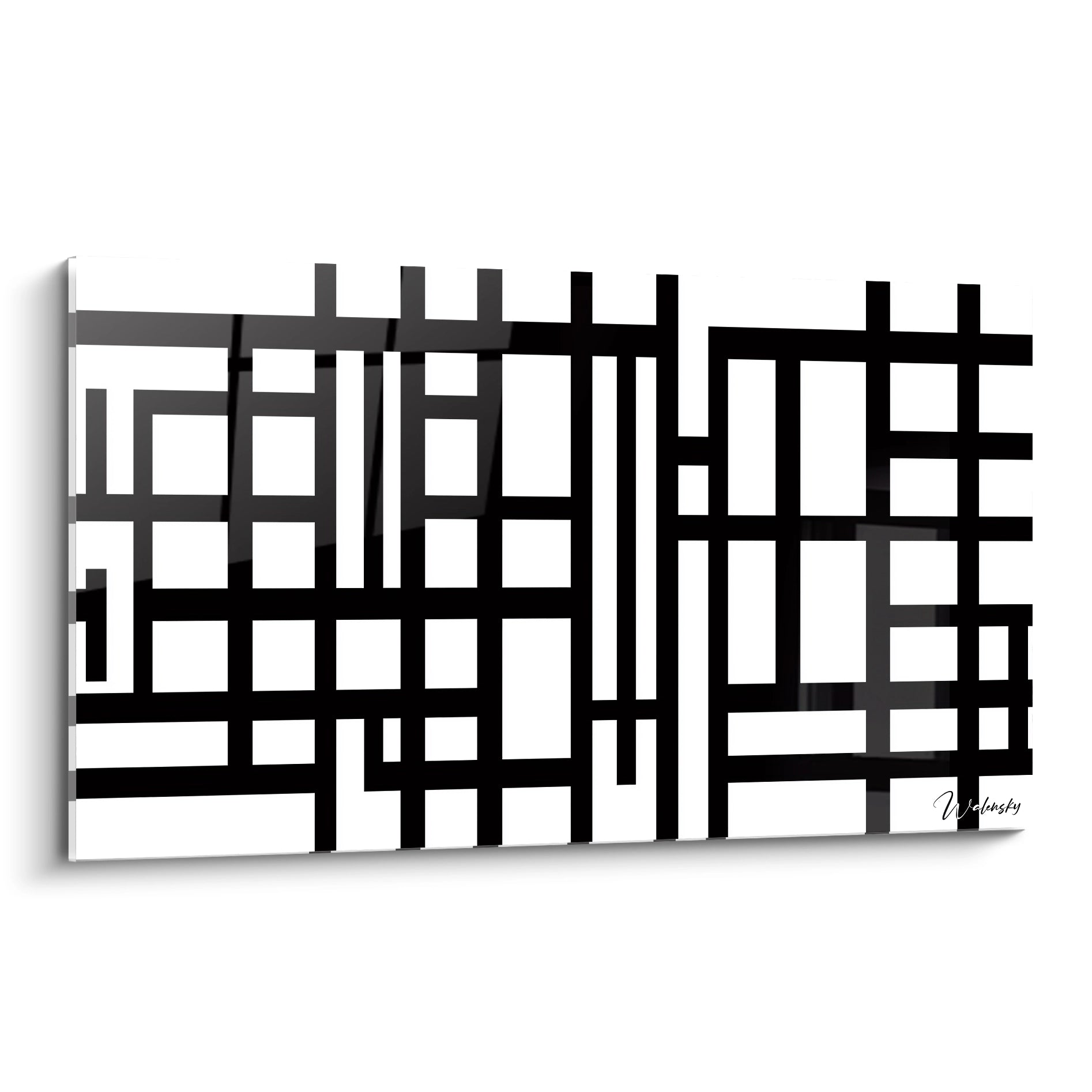 Un tableau Piet Mondrian présentant un réseau de lignes noires épaisses sur fond blanc, formant une grille géométrique avec des blocs rectangulaires de tailles variables.

