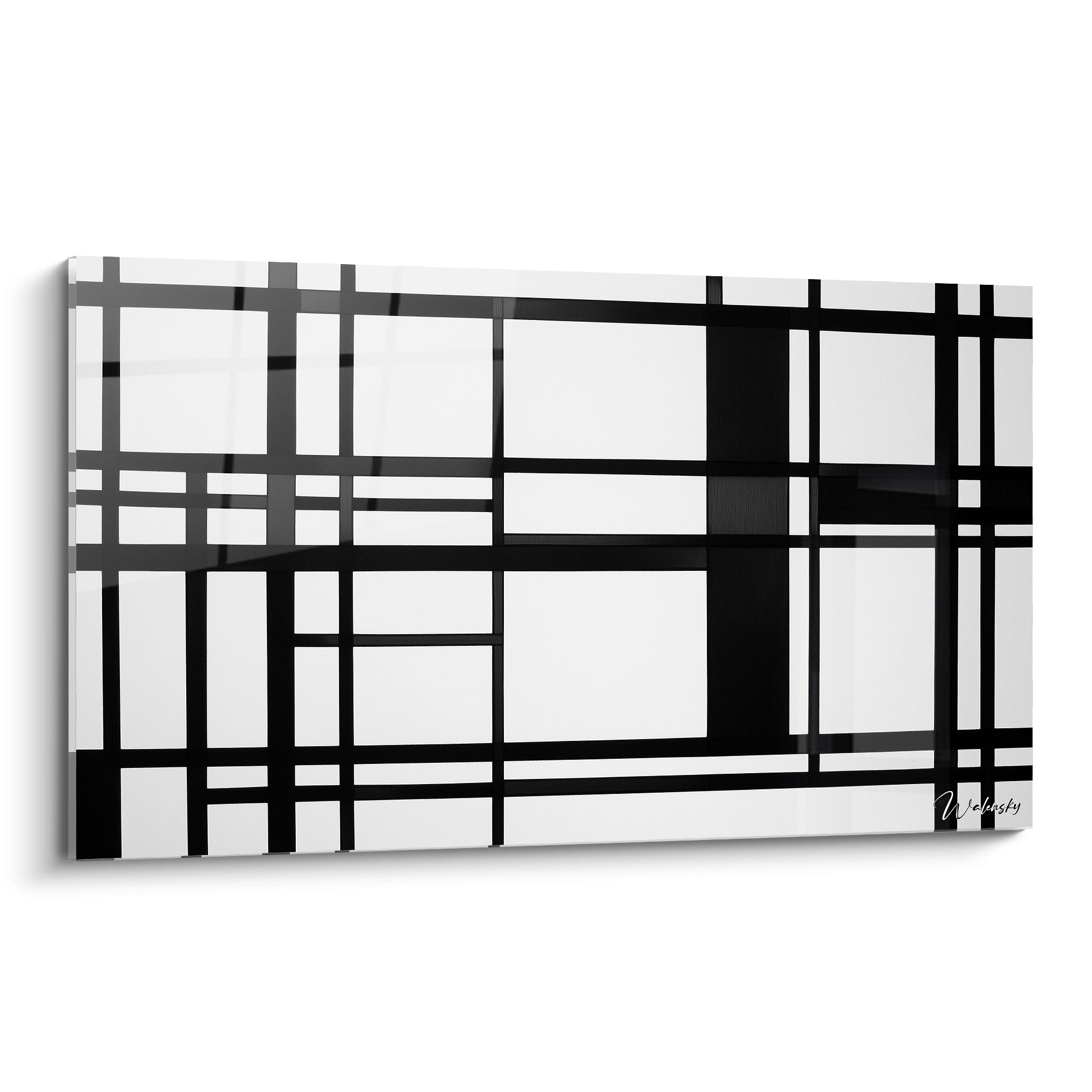 Un tableau Piet Mondrian composé de lignes noires horizontales et verticales sur fond blanc, formant une grille géométrique aux intersections nettes et contrastées.

