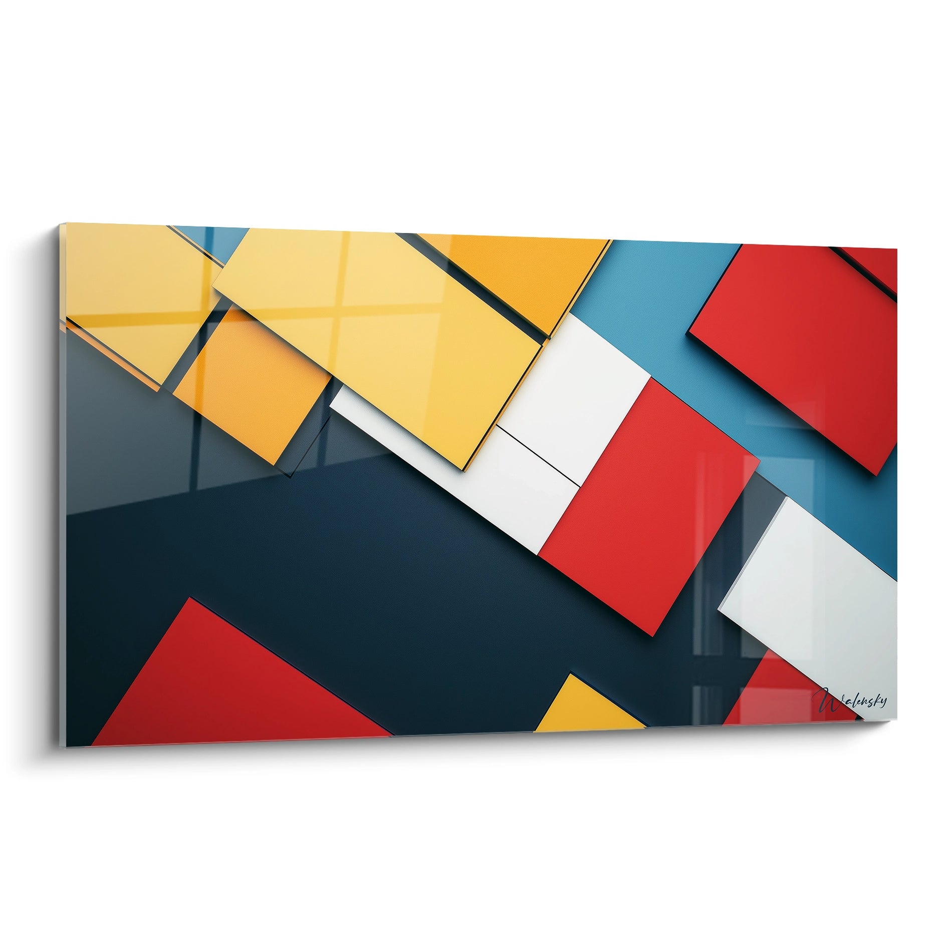 Un tableau artistique abstrait composé de rectangles superposés en rouge, jaune, bleu et blanc, avec des contours noirs nets, créant un effet de relief sur un fond bleu foncé.