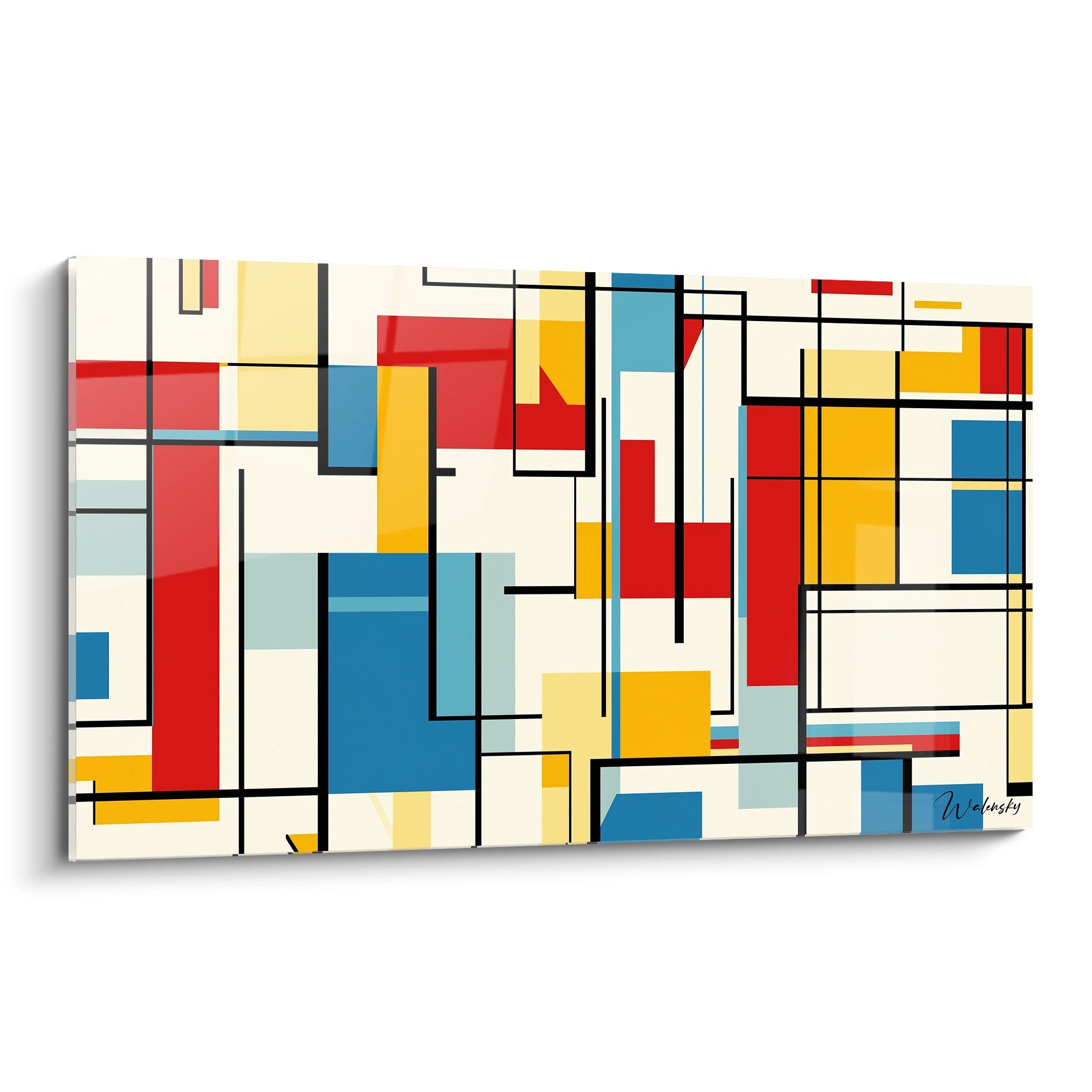 Un tableau Piet Mondrian composé de rectangles rouges, jaunes et bleus, séparés par des lignes noires sur fond beige, avec une disposition géométrique équilibrée.