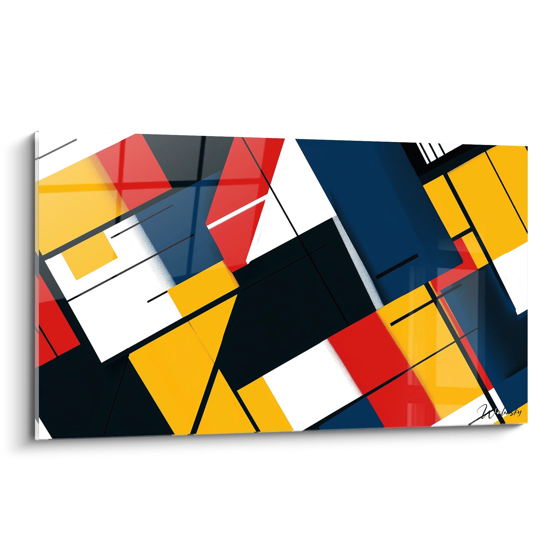 Un tableau Piet Mondrian composé de formes géométriques rectangulaires et de lignes noires délimitant des aplats rouges, jaunes, blancs et bleus, avec une texture lisse et des contrastes marqués.