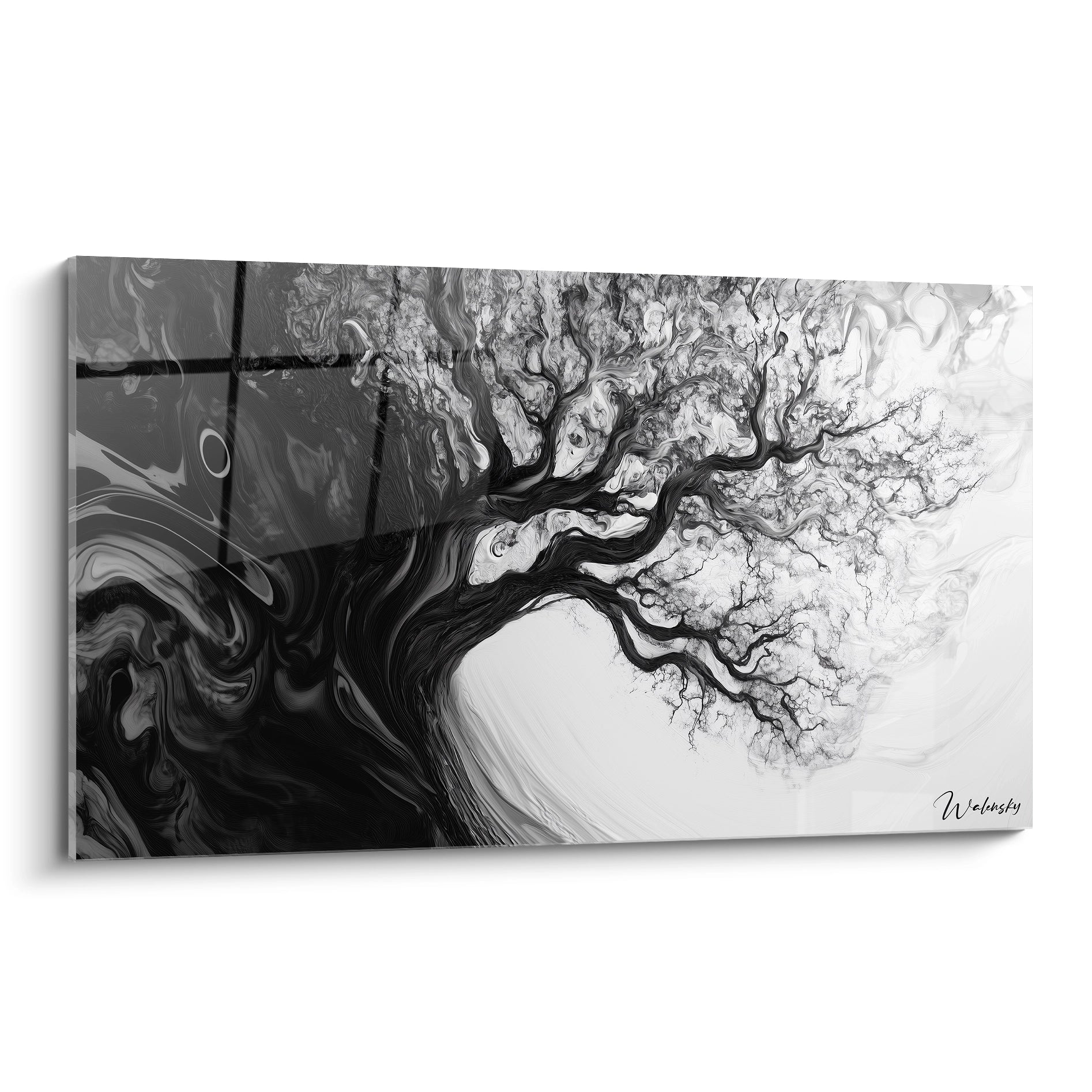 Un tableau Piet Mondrian en noir et blanc illustrant un arbre stylisé, avec des branches détaillées et un fond fluide aux textures marbrées.