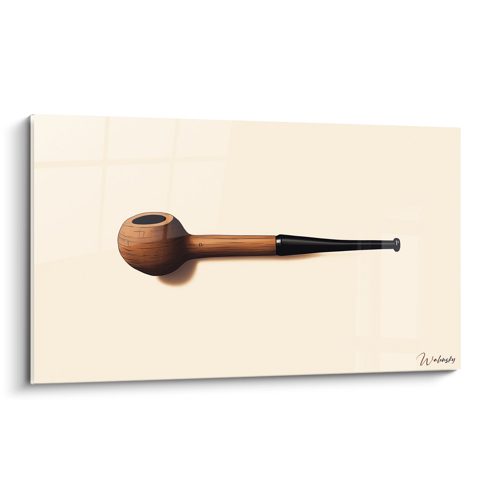 Un tableau René Magritte représentant une pipe en bois marron avec un tuyau noir, sur un fond beige uni et lisse, avec une ombre projetée accentuant l’effet de volume.

