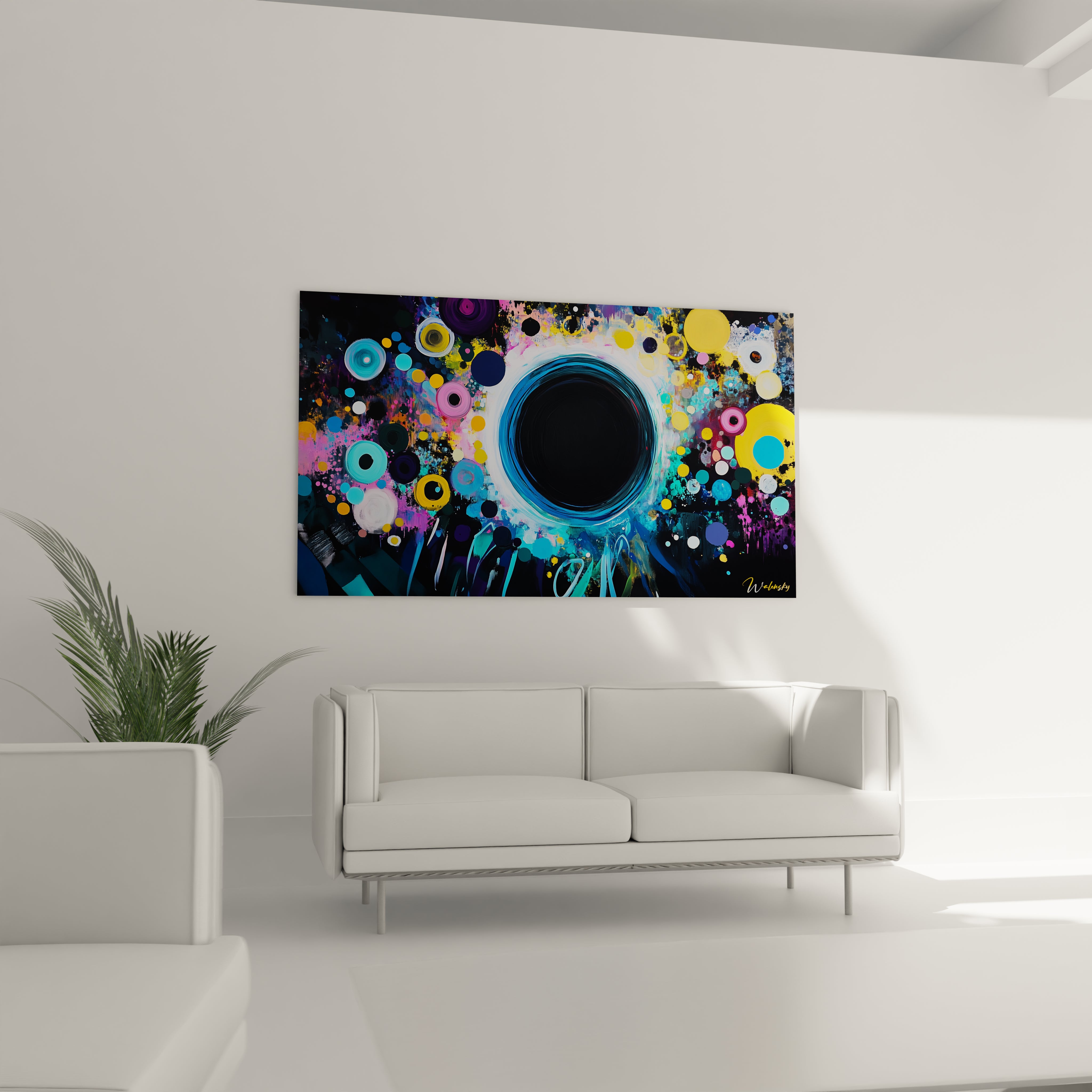 Un tableau Wassily Kandinsky composé d’un large cercle noir au centre, avec des cercles de tailles variées en jaune, bleu et violet, et des textures vibrantes sur fond texturé.

