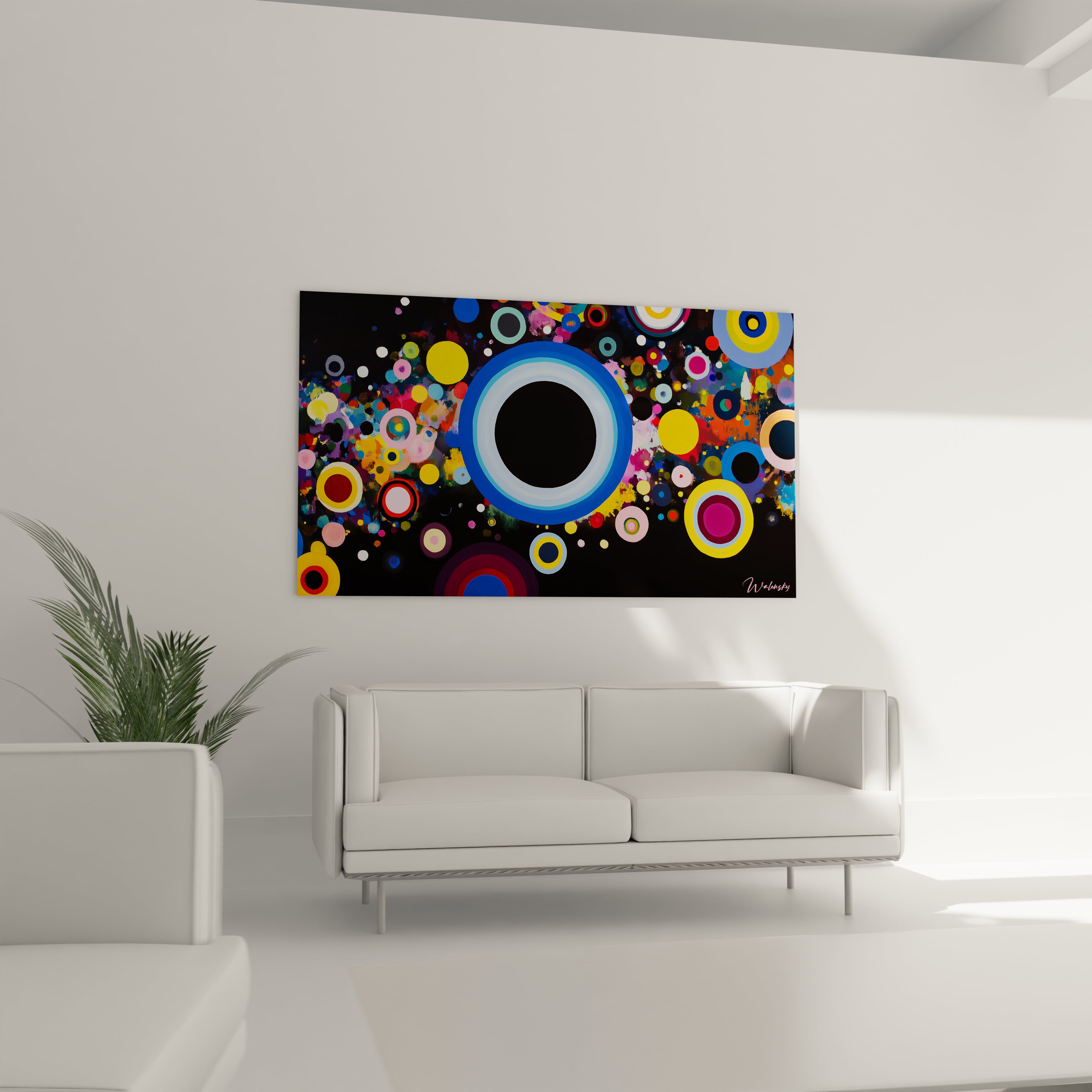 Un tableau Wassily Kandinsky mettant en scène un grand cercle noir et des cercles multicolores de tailles variées, incluant des tons dominants de bleu, jaune et rose.

