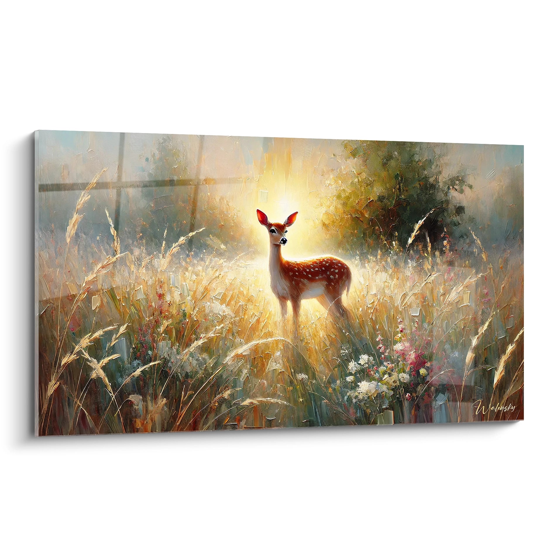 Admirez ce tableau biche avec une perspective de biais. La lumière dorée éclaire la jeune biche au cœur d'un champ vibrant, créant une atmosphère apaisante et naturelle.

