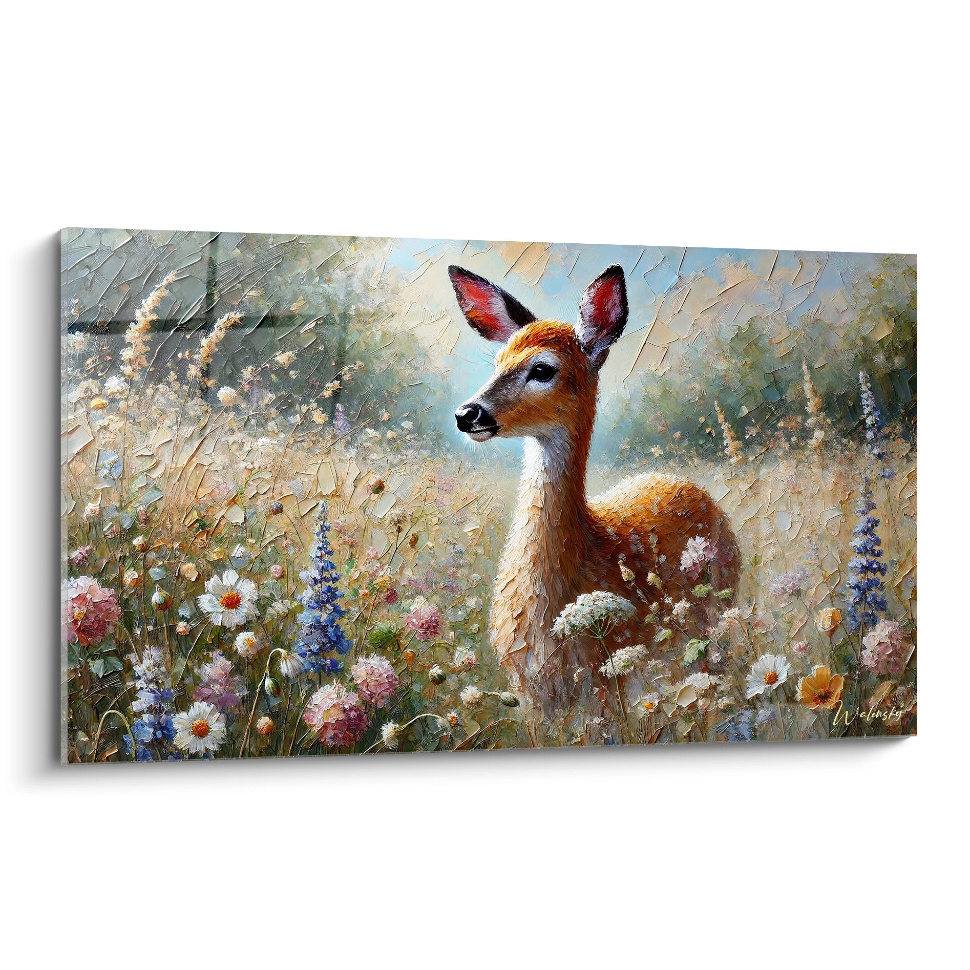 Ce tableau biche, vu de biais, révèle la grâce de cet animal parmi des fleurs éclatantes. La texture du pelage et les couleurs vibrantes créent une scène enchanteresse qui attire le regard.

