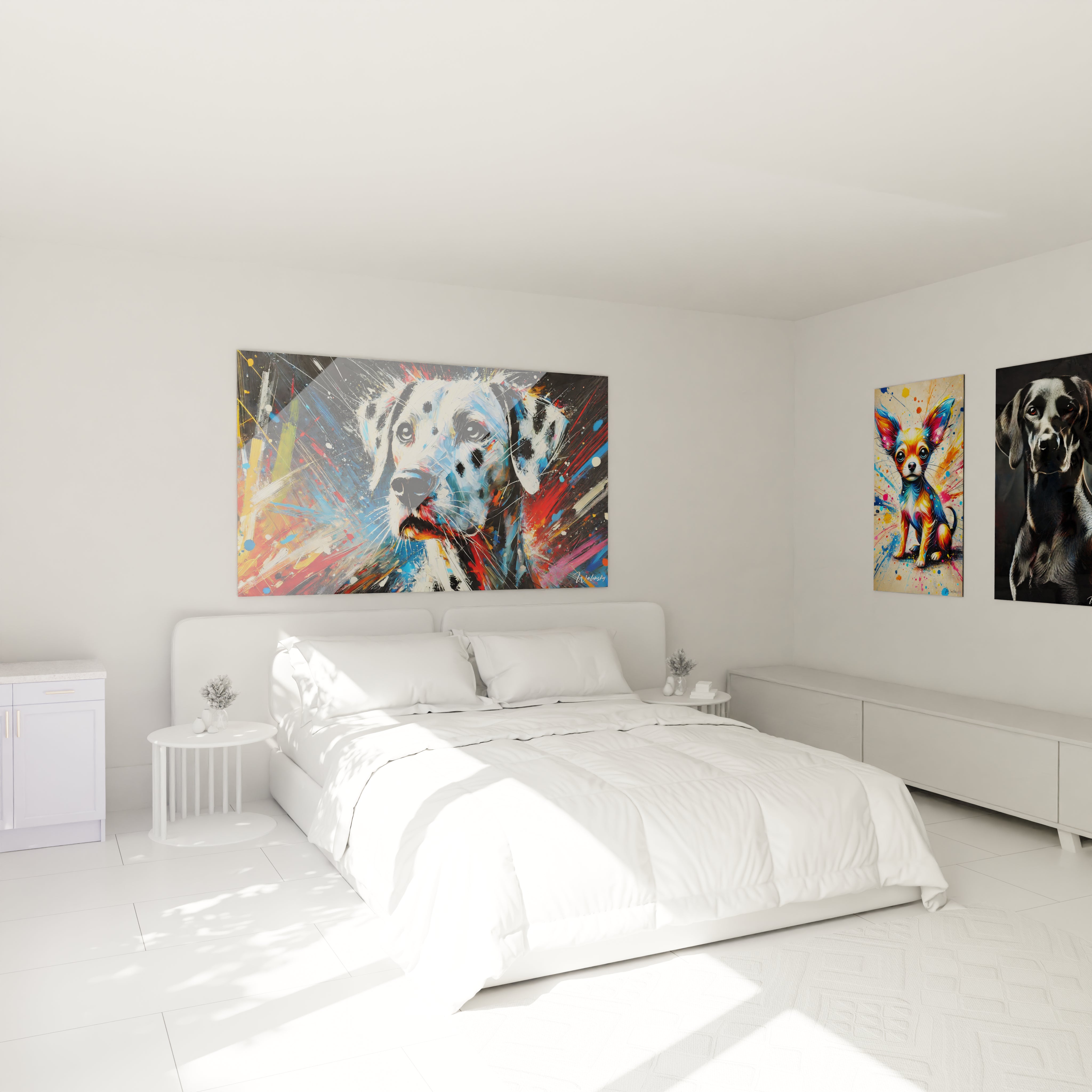 Le tableau chien dalmatien abstrait apporte une touche artistique audacieuse à cette chambre, créant un point focal vibrant et moderne au-dessus du lit.

