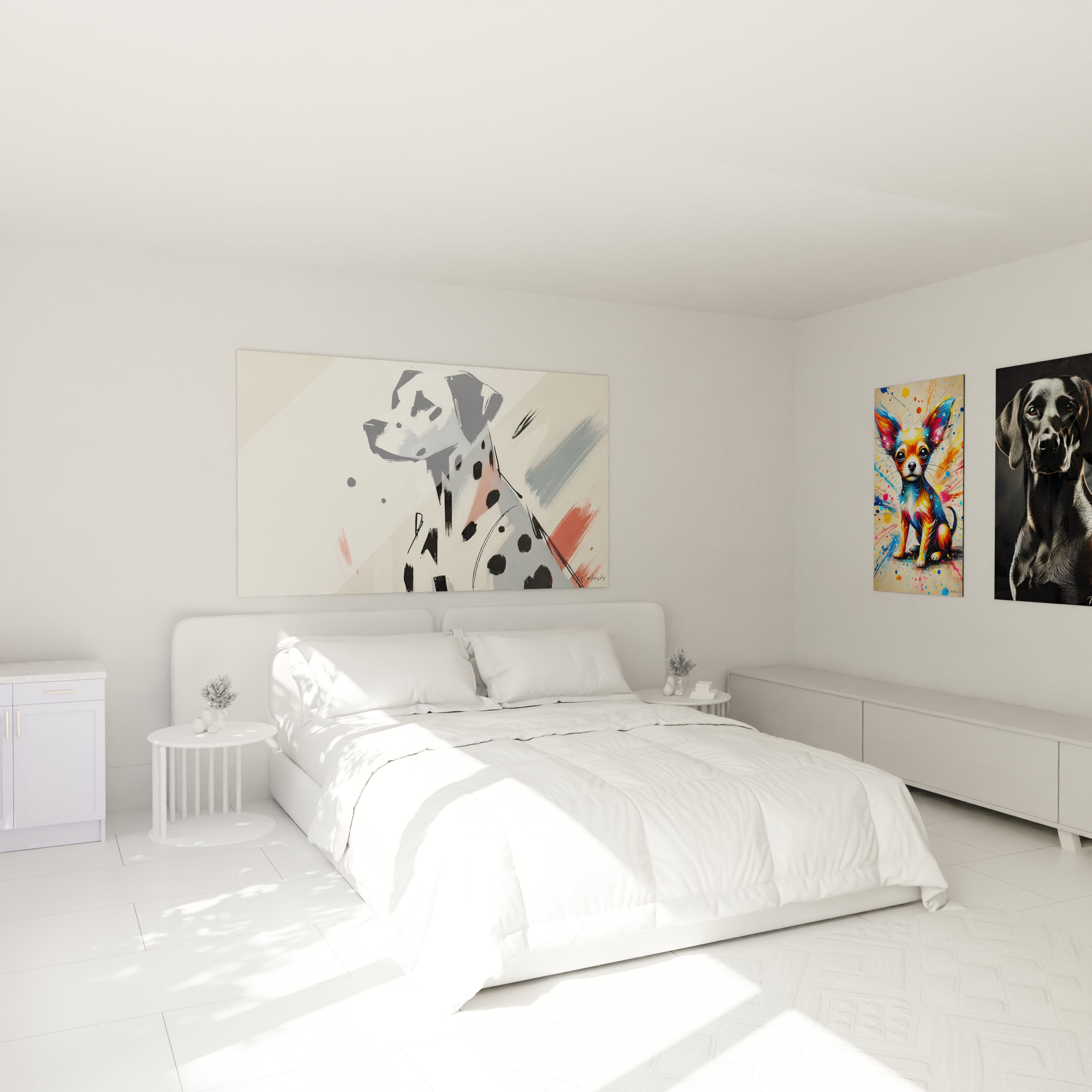 Ce tableau chien abstrait ajoute une touche de modernité à votre chambre. Accroché au-dessus du lit, il se fond parfaitement dans une déco minimaliste tout en apportant une note artistique.

