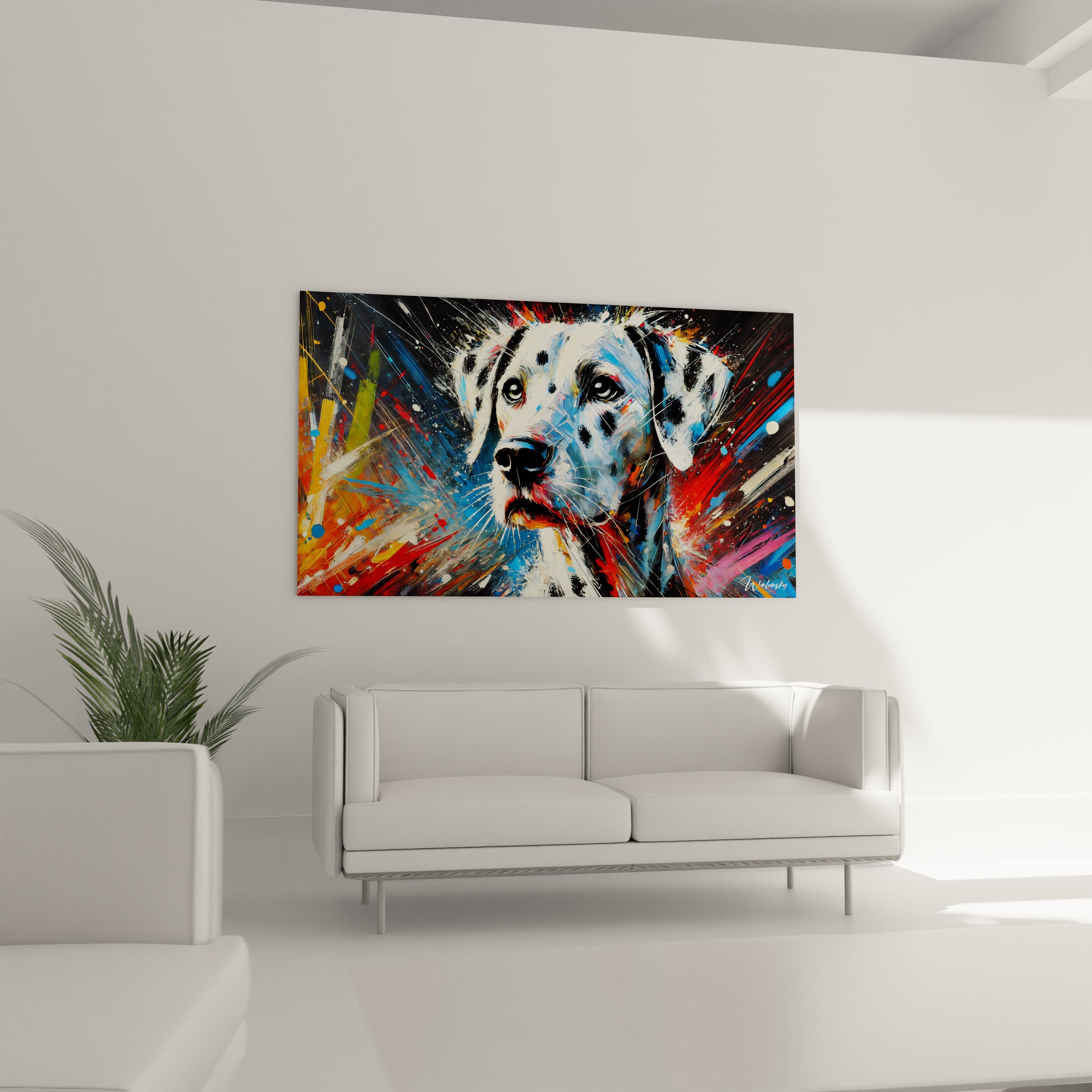 Ce tableau chien abstrait accroché au-dessus du canapé dans un salon moderne capte immédiatement l’attention grâce à ses couleurs vives et son design contemporain unique.

