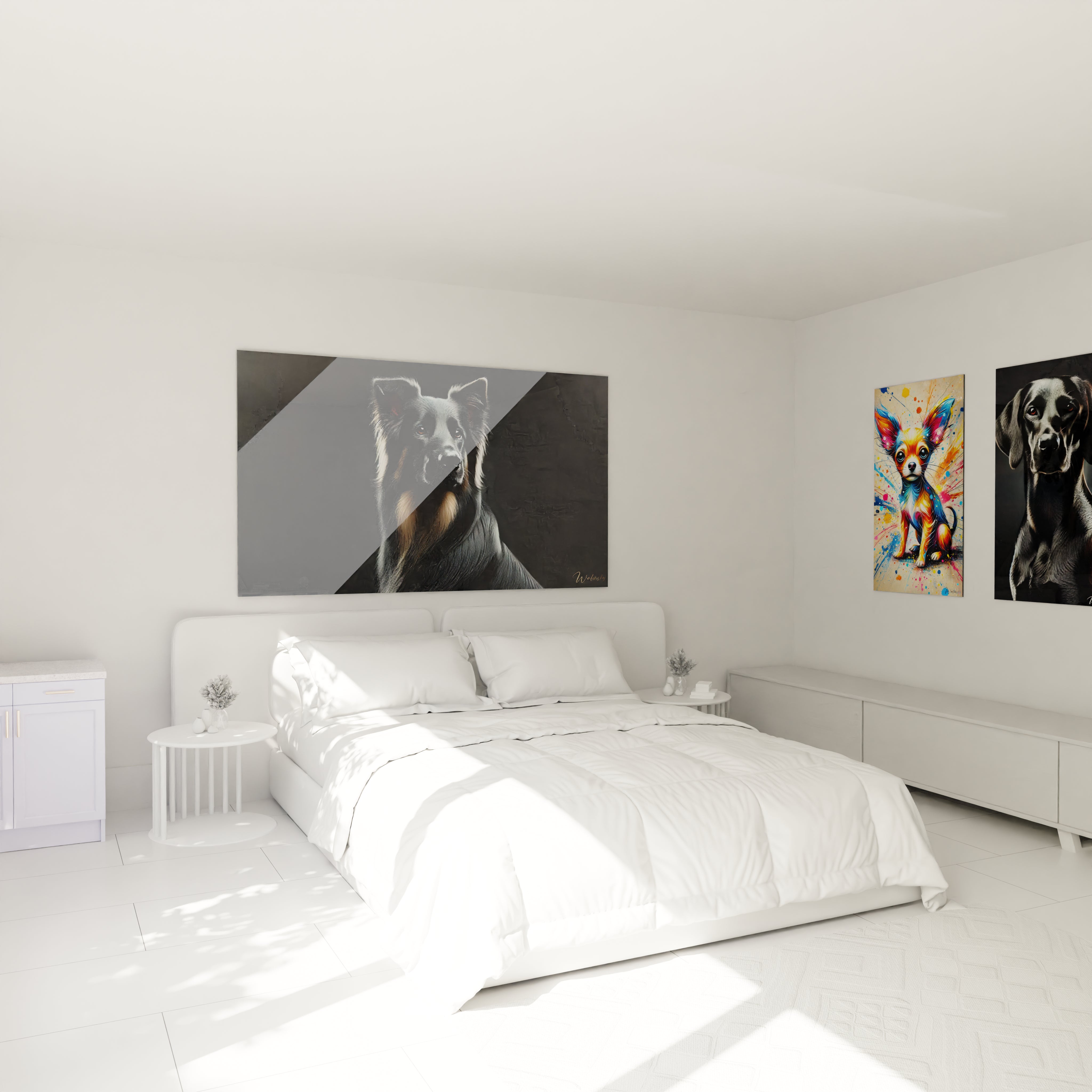 Ce tableau chien ajoute une touche de noblesse au decor de votre chambre. Accroche au-dessus du lit, il sublime l'espace avec son pelage detaille et sa palette de couleurs elegantes
