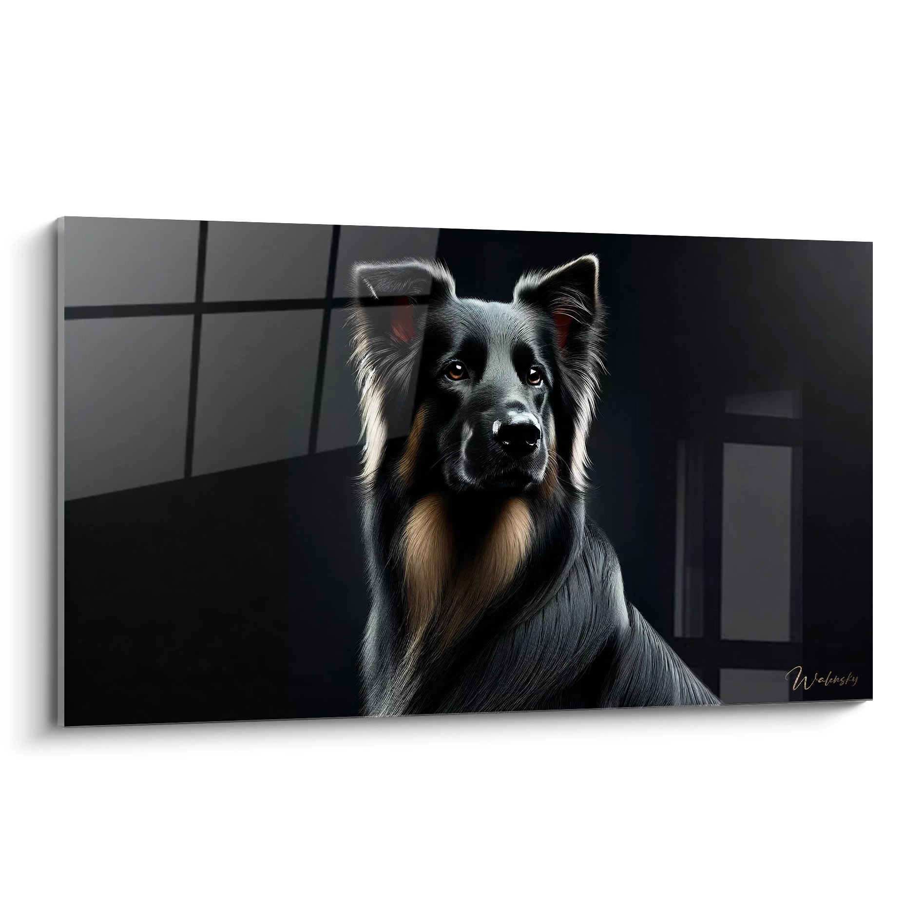 Découvrez ce tableau chien hyperrealiste, capturant un chien noir et brun dore. Les details precis du pelage et la lumiere douce mettent en valeur l'elegance naturelle de l'animal