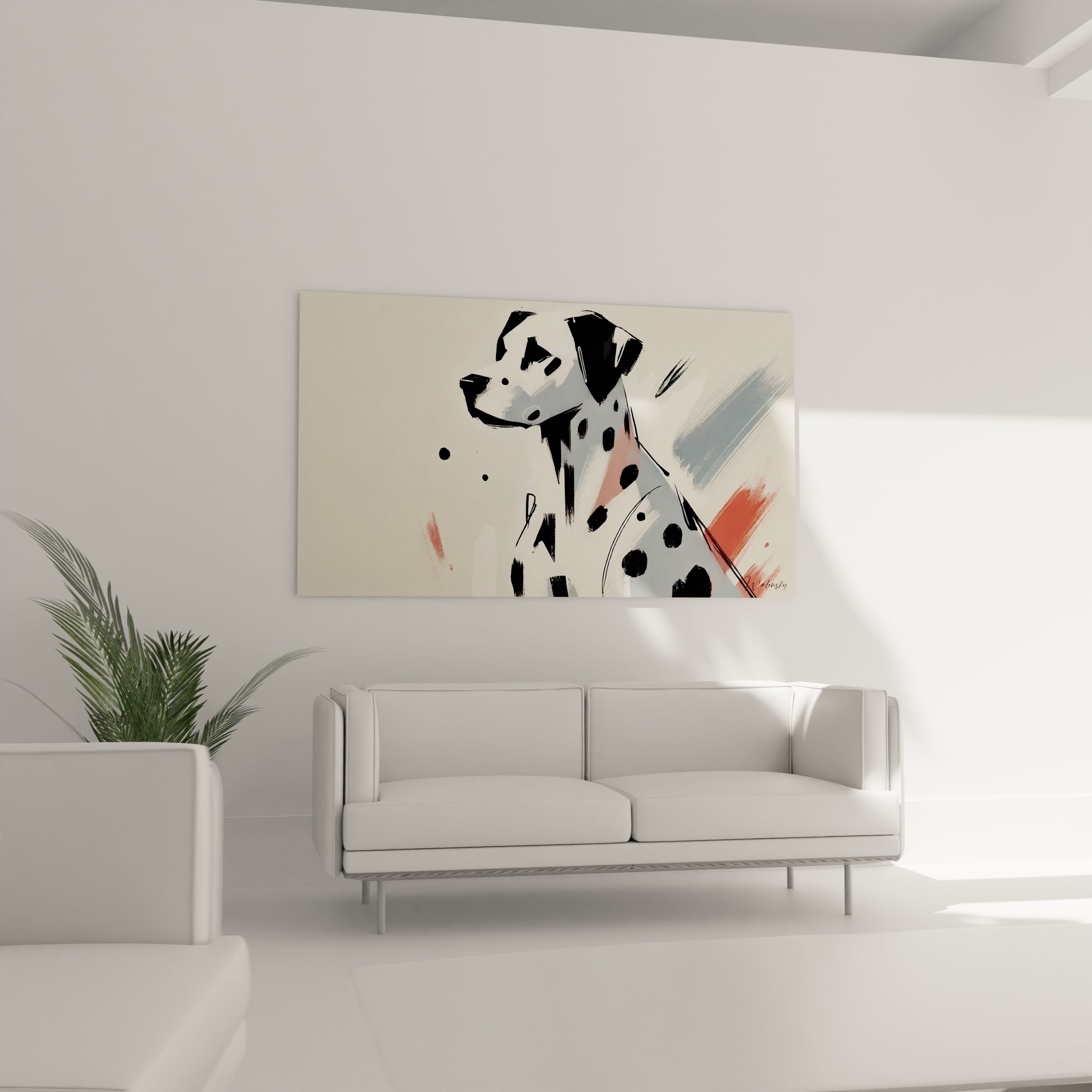 Apportez de l'élégance à votre salon avec ce tableau chien minimaliste. Accroché au-dessus du canapé, il complète harmonieusement un intérieur contemporain et épuré.

