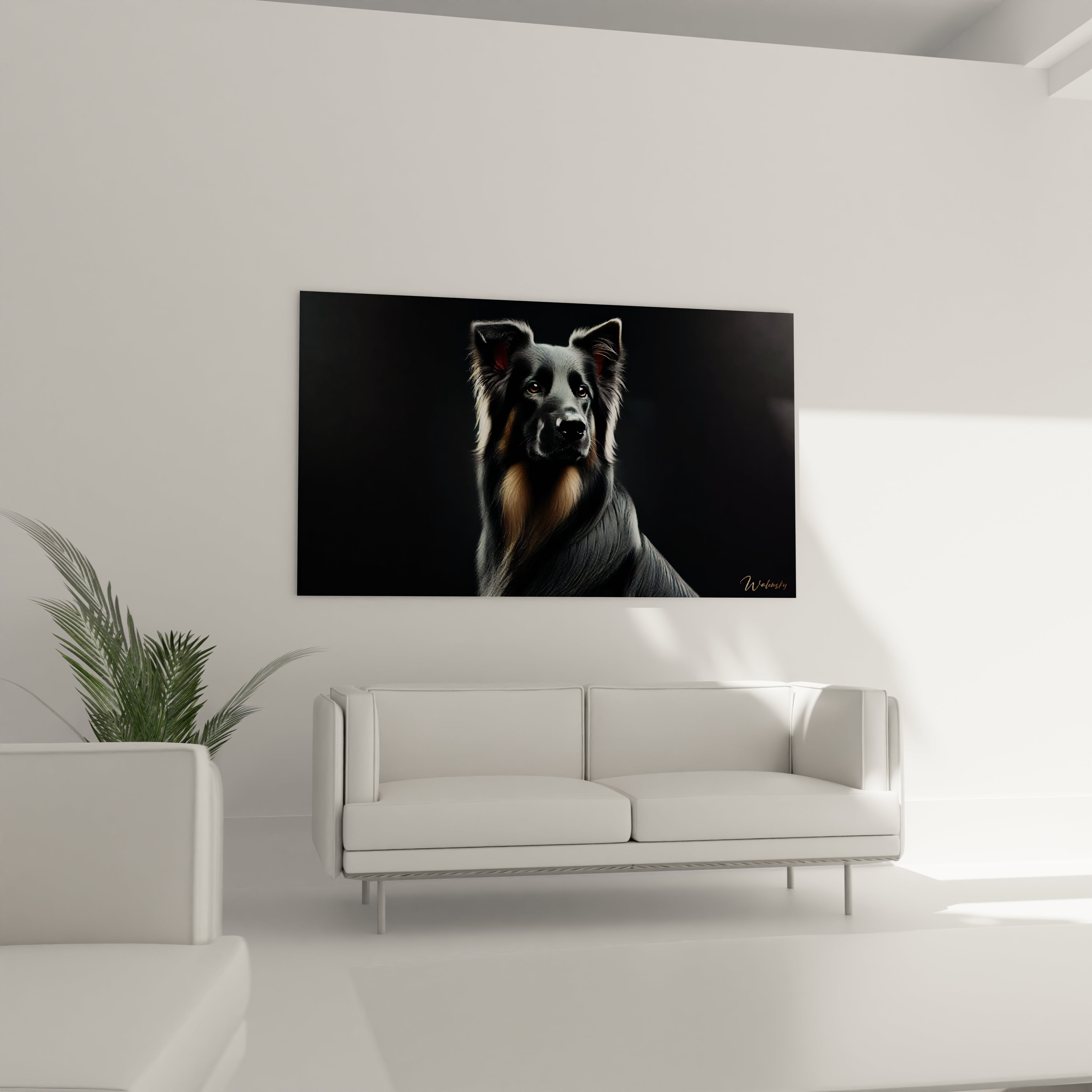 Parfait pour un salon contemporain, ce tableau chien apporte chaleur et sophistication. Ses details precis et sa composition contrastante en font une oeuvre d'art incontournable.