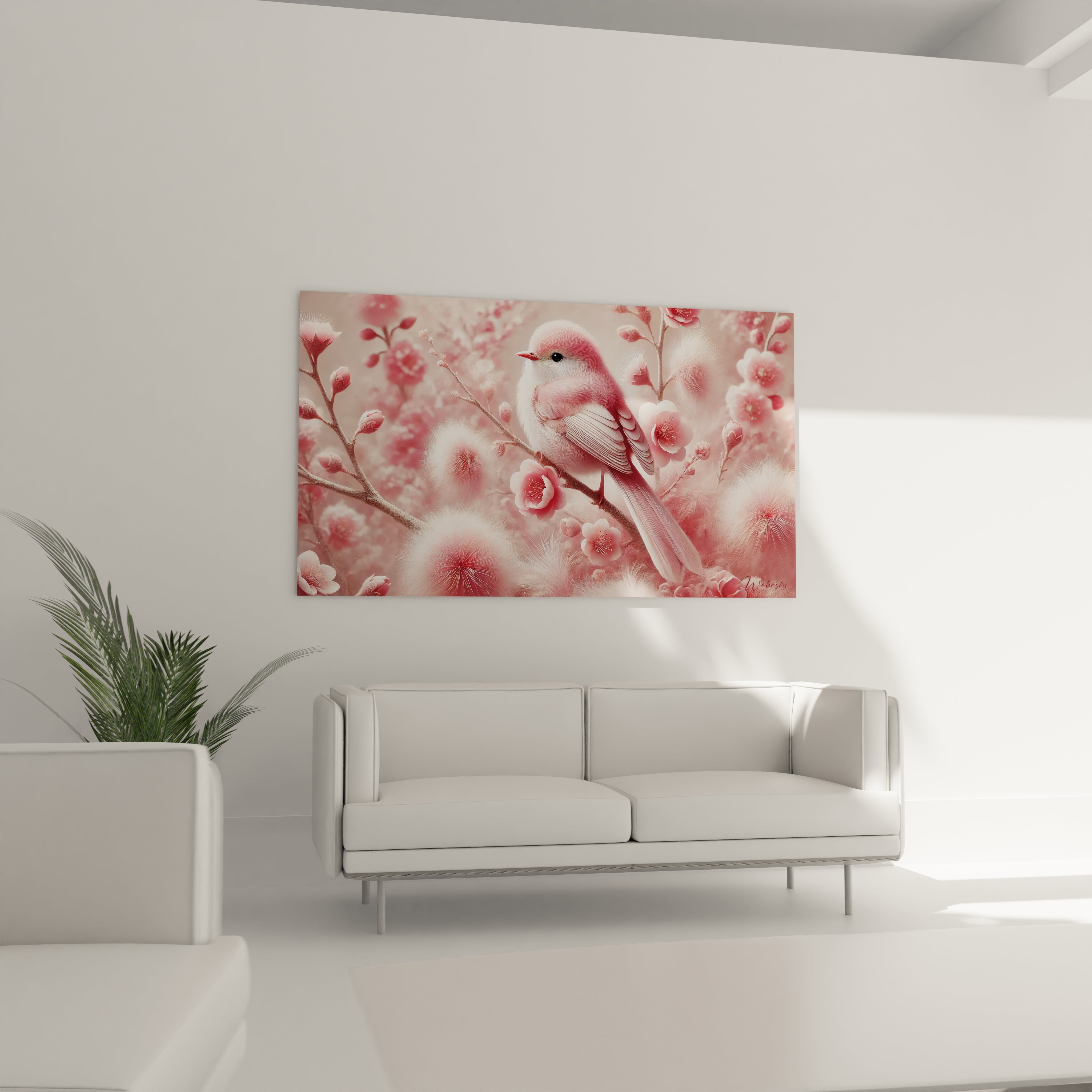 Ce tableau oiseaux, installé au-dessus d'un canapé, devient le point central du salon. Son atmosphère féerique, avec ses teintes rose pâle et ses fleurs vaporeuses, crée un espace apaisant et raffiné.

