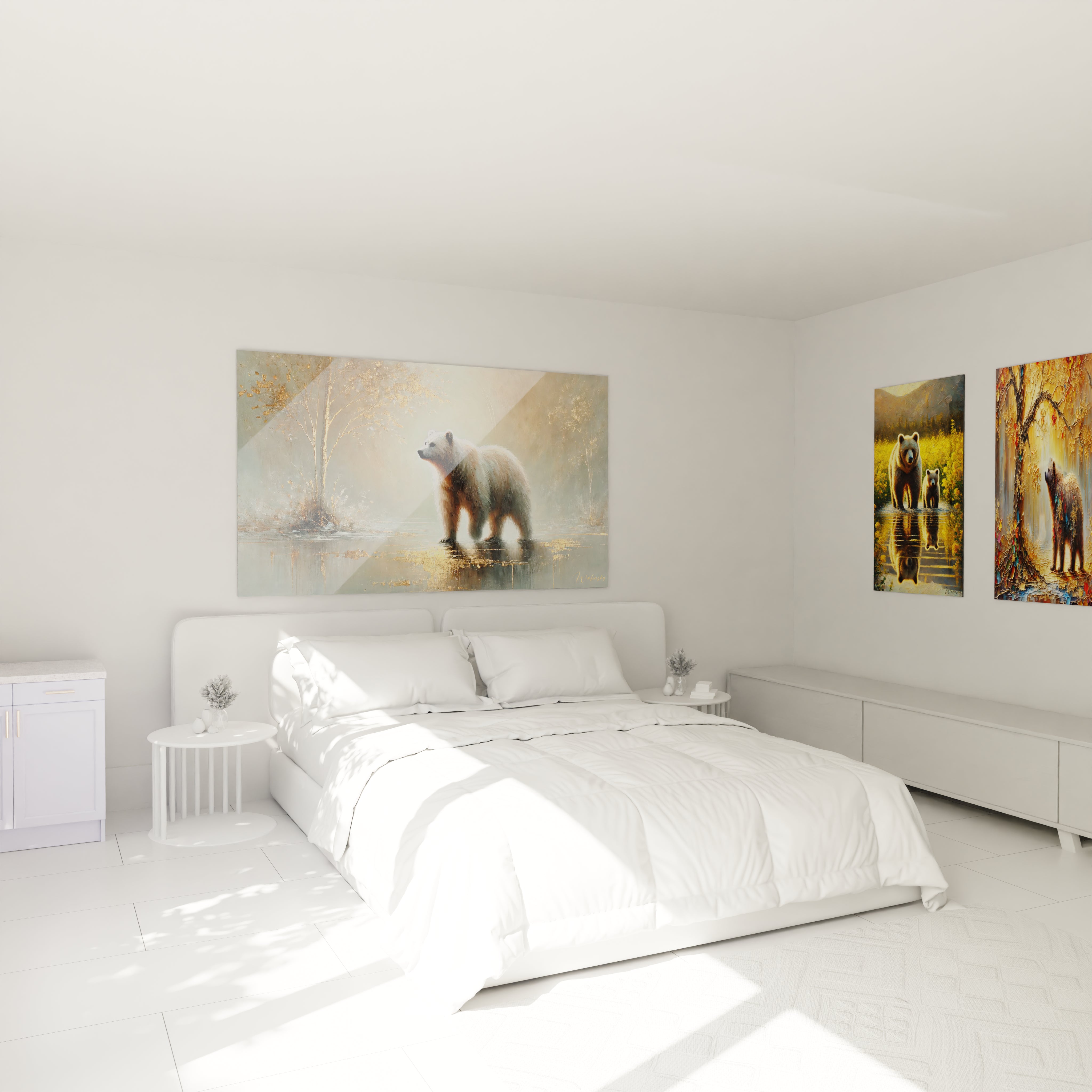 Le tableau ours brun installe au dessus du lit dans une chambre, apportant calme et raffinement avec sa representation animale majestueuse.
