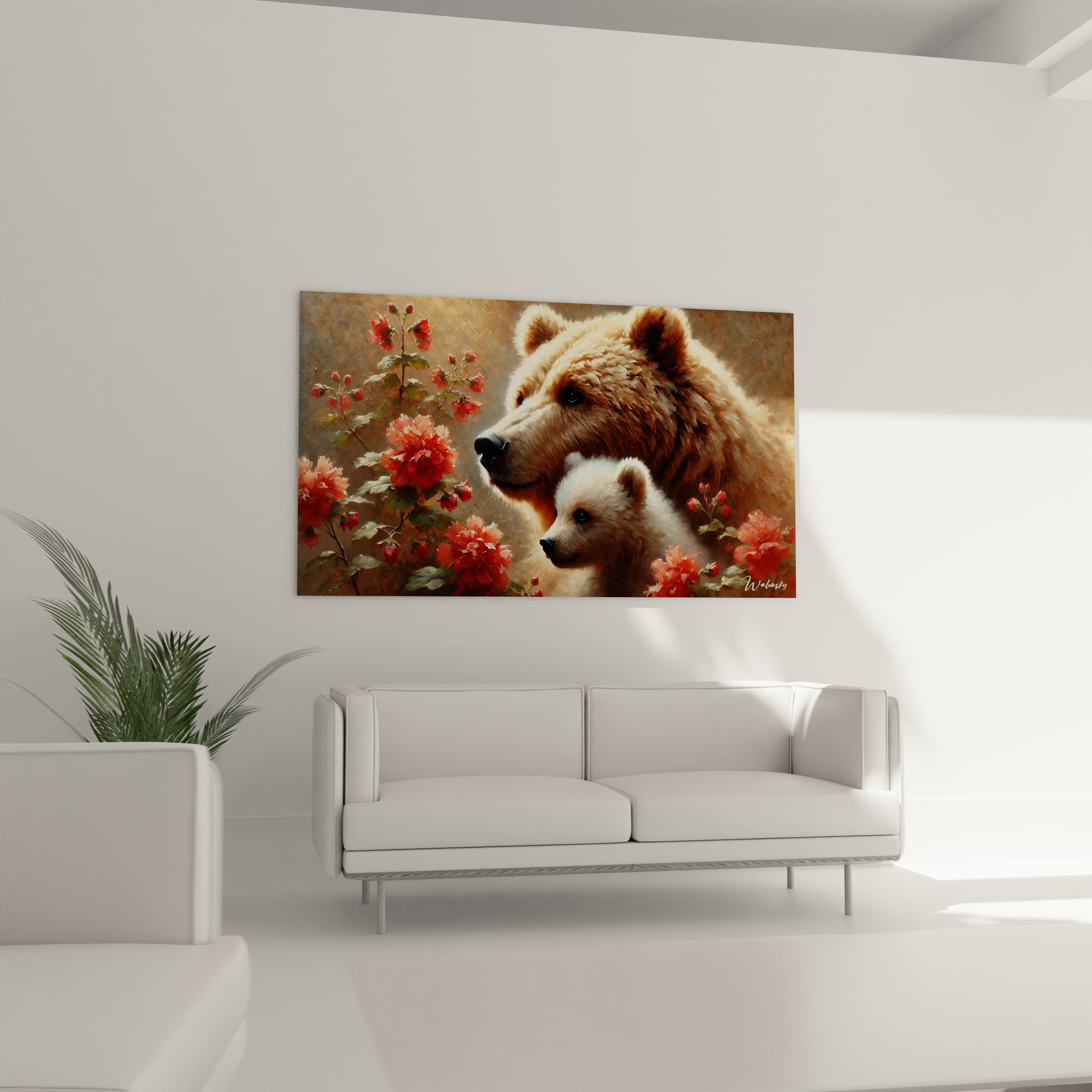 Ce tableau ours brun ajoute chaleur et douceur au salon, suspendu au-dessus du canape. La scene intime entre la mere et l'ourson enveloppe l'espace d'une atmosphere apaisante.
