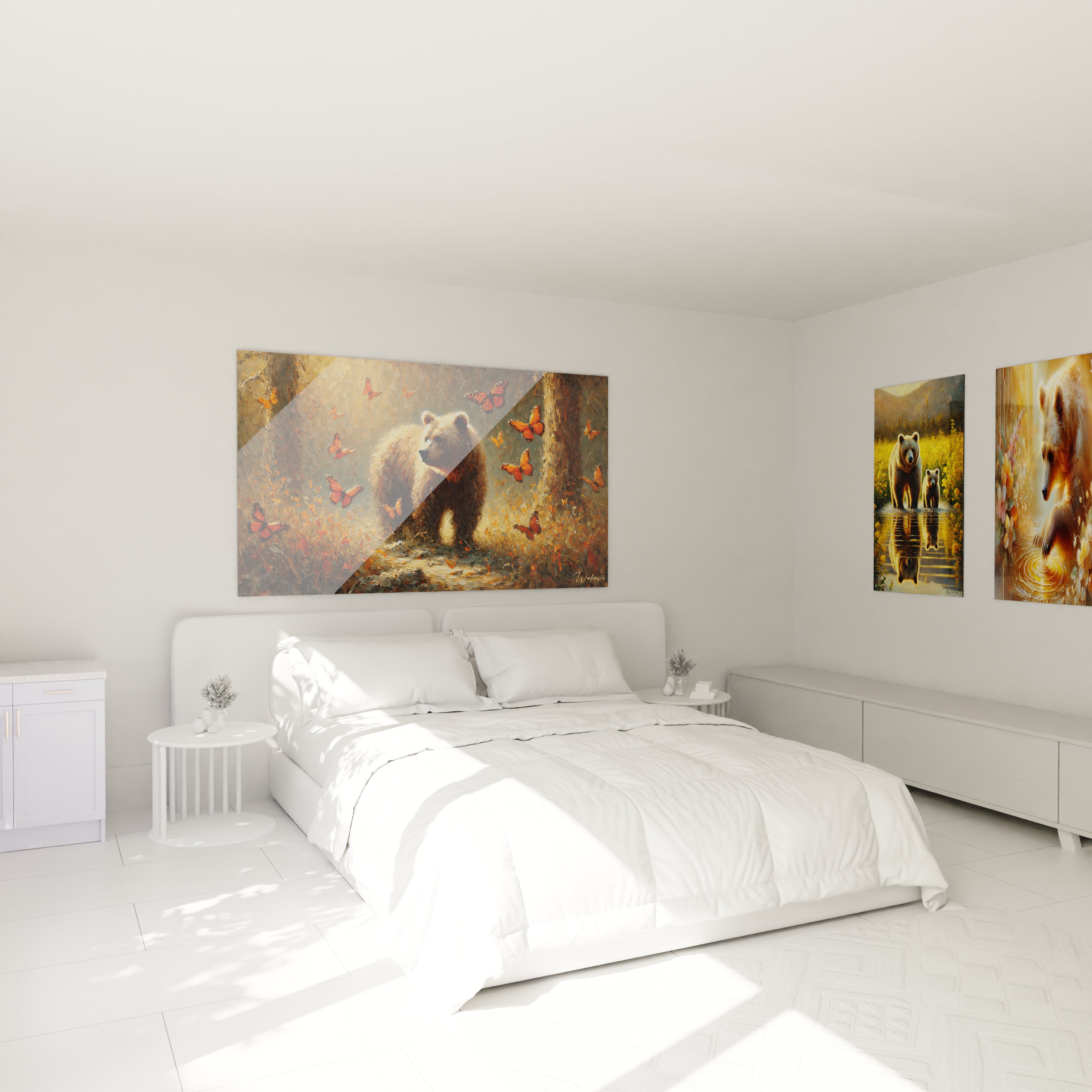 Accroché au-dessus d’un lit, le tableau ours brun transforme la chambre en un sanctuaire naturel, apaisant et inspirant, grâce à ses teintes douces et son ambiance automnale captivante.

