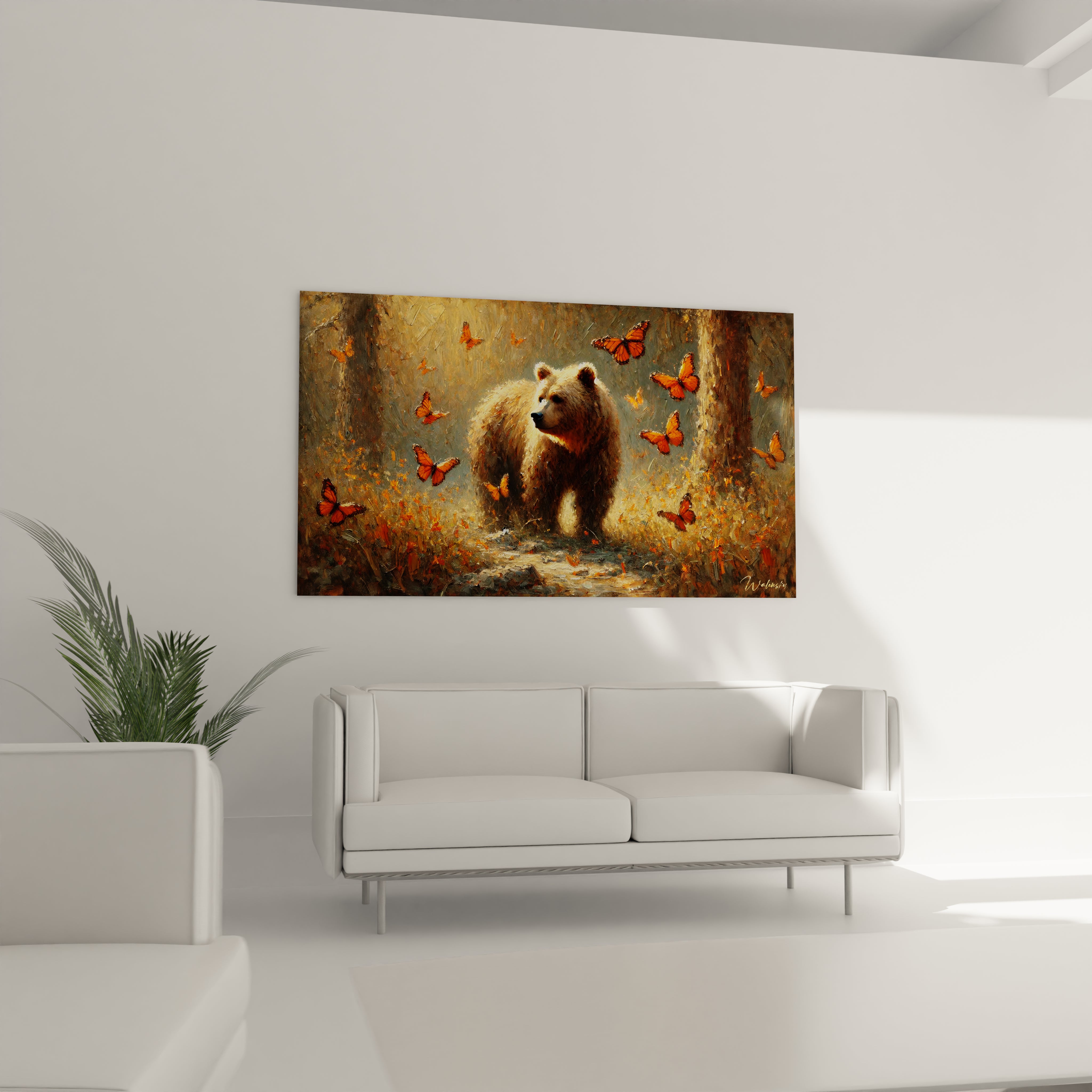 Dans un salon, le tableau ours brun surplombe le canapé, apportant une touche de chaleur et de sérénité. Sa composition équilibrée sublime l'espace en créant un lien avec la nature.

