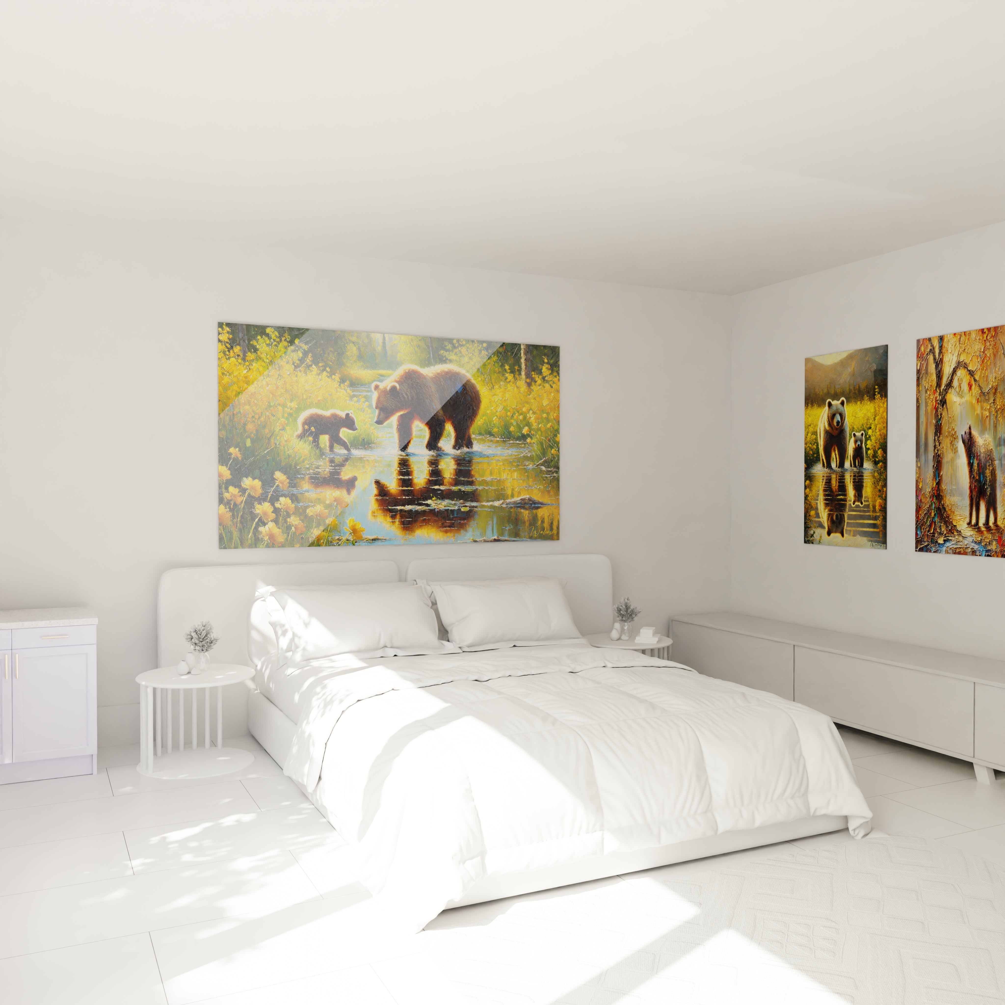 Accroché au-dessus du lit, ce tableau ours brun apporte chaleur et sérénité à la chambre, capturant un moment de calme entre une mère et son petit dans la nature sauvage.

