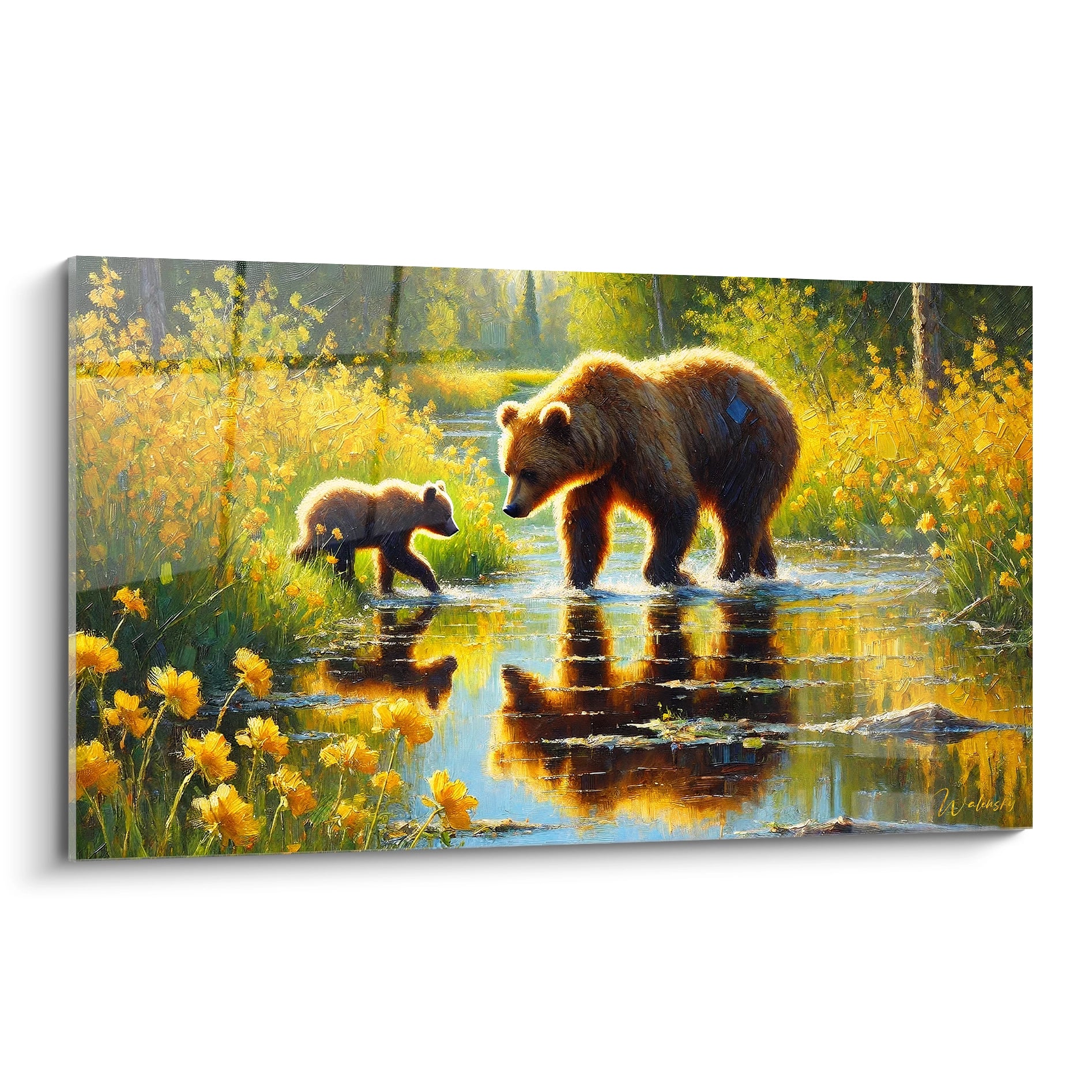 Vue de biais, le tableau ours brun dévoile toute la beauté de la complicité entre une mère et son ourson dans un paysage baigné de lumière dorée.

