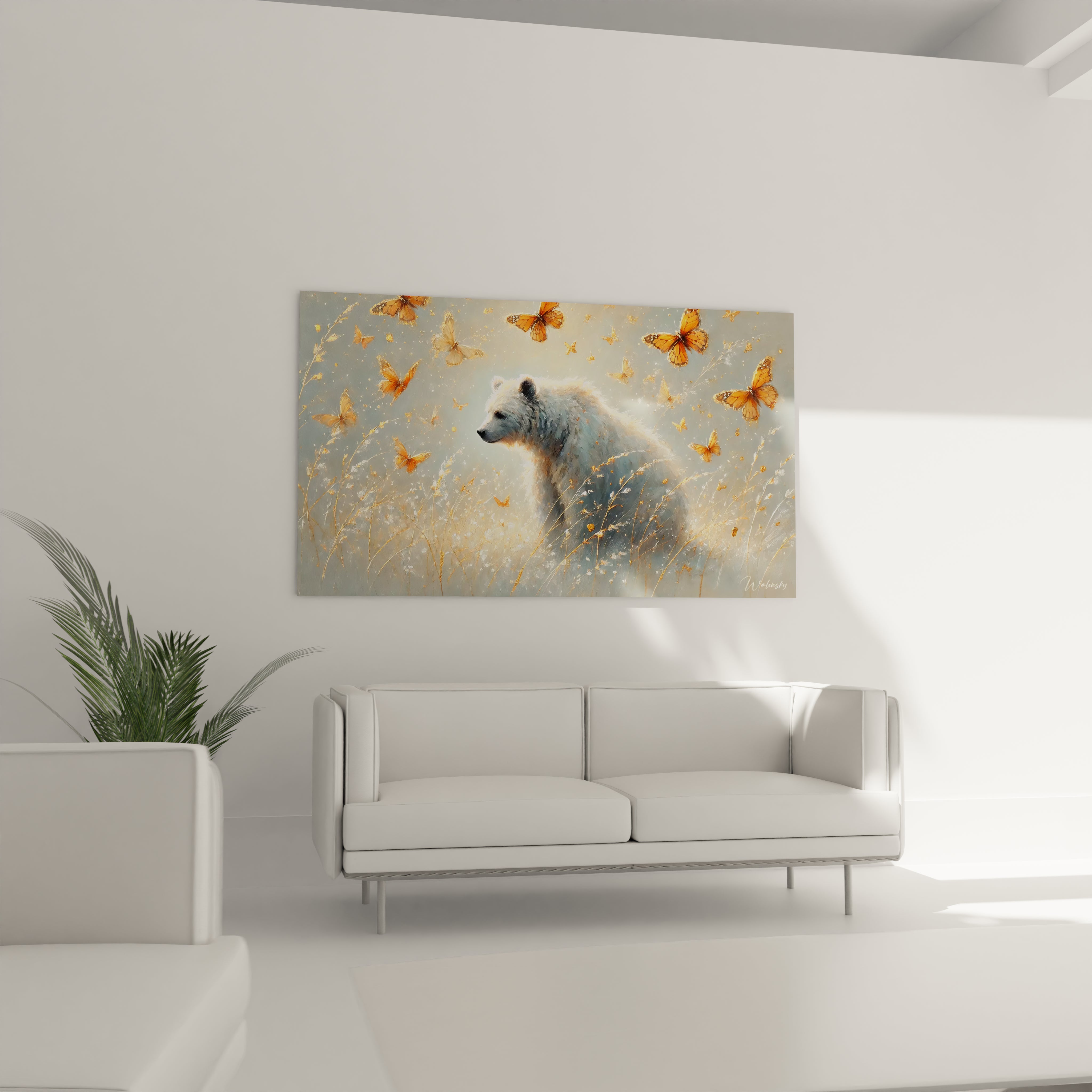 Ce tableau ours polaire, avec ses tons doux et ses papillons dorés, est parfait pour dynamiser la décoration de votre salon tout en apportant une touche naturelle.

