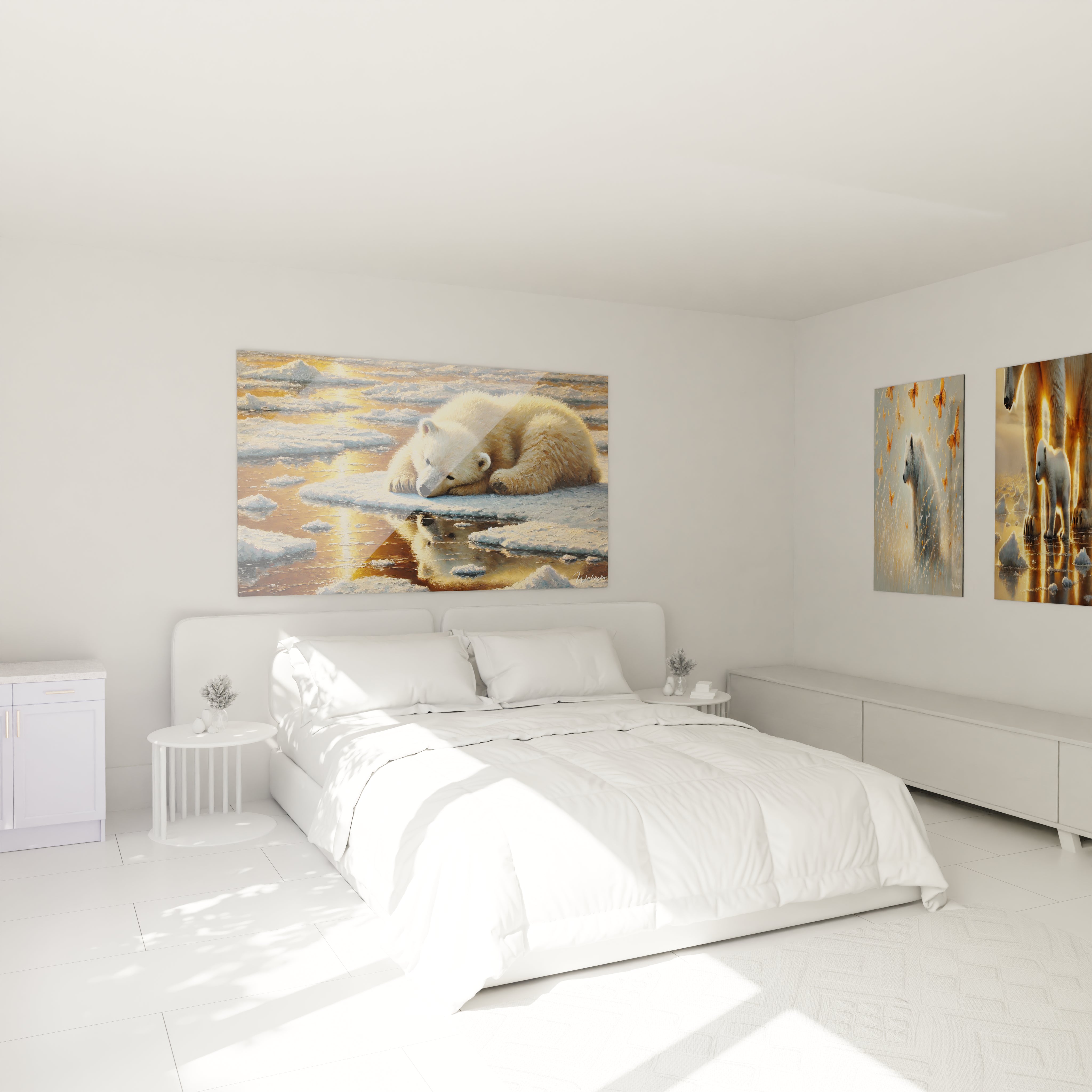 Transformez votre chambre avec ce tableau ours polaire. La scène paisible d’un jeune ours reposant sur la glace apporte calme et sérénité. Idéal pour créer un espace apaisant et harmonieux.


